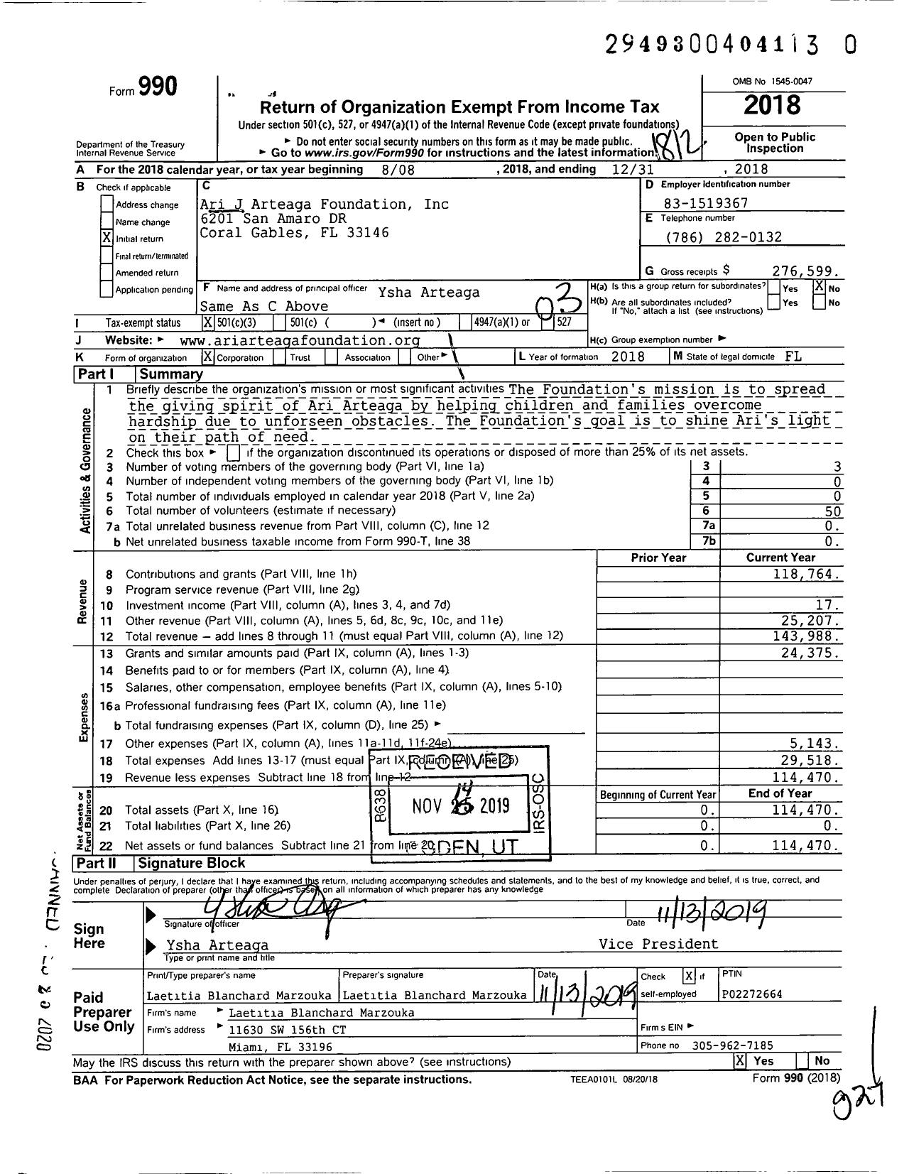 Image of first page of 2018 Form 990 for Ari J Arteaga Foundation
