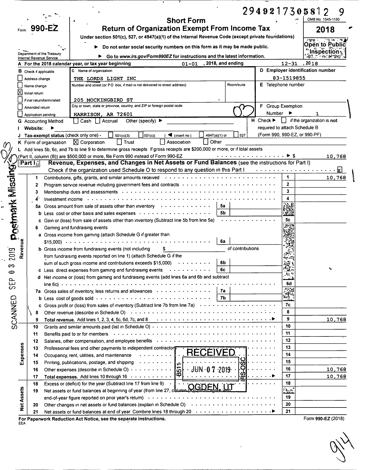 Image of first page of 2018 Form 990EZ for The Lords Light