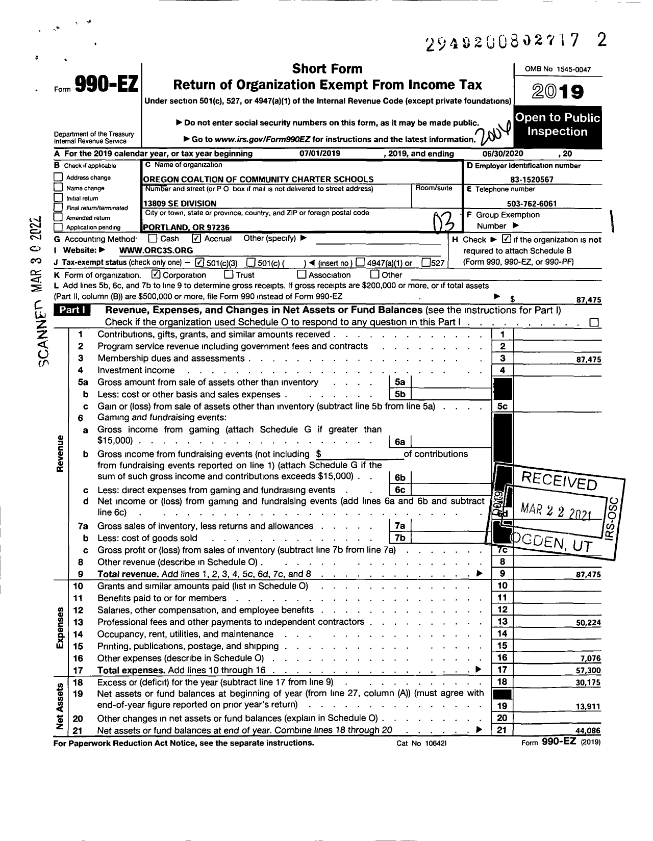 Image of first page of 2019 Form 990EZ for Oregon Coalition of Community Charter Schools