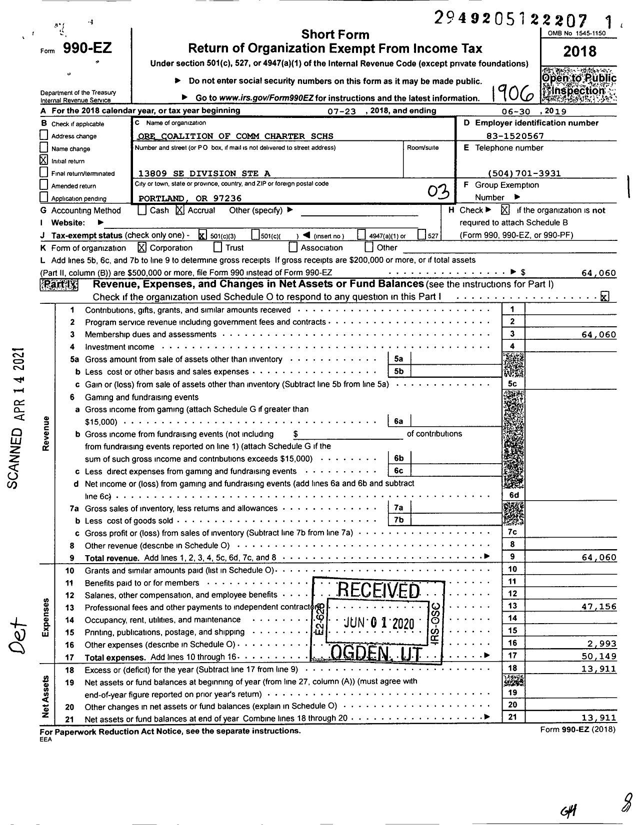 Image of first page of 2018 Form 990EZ for Oregon Coalition of Community Charter Schools