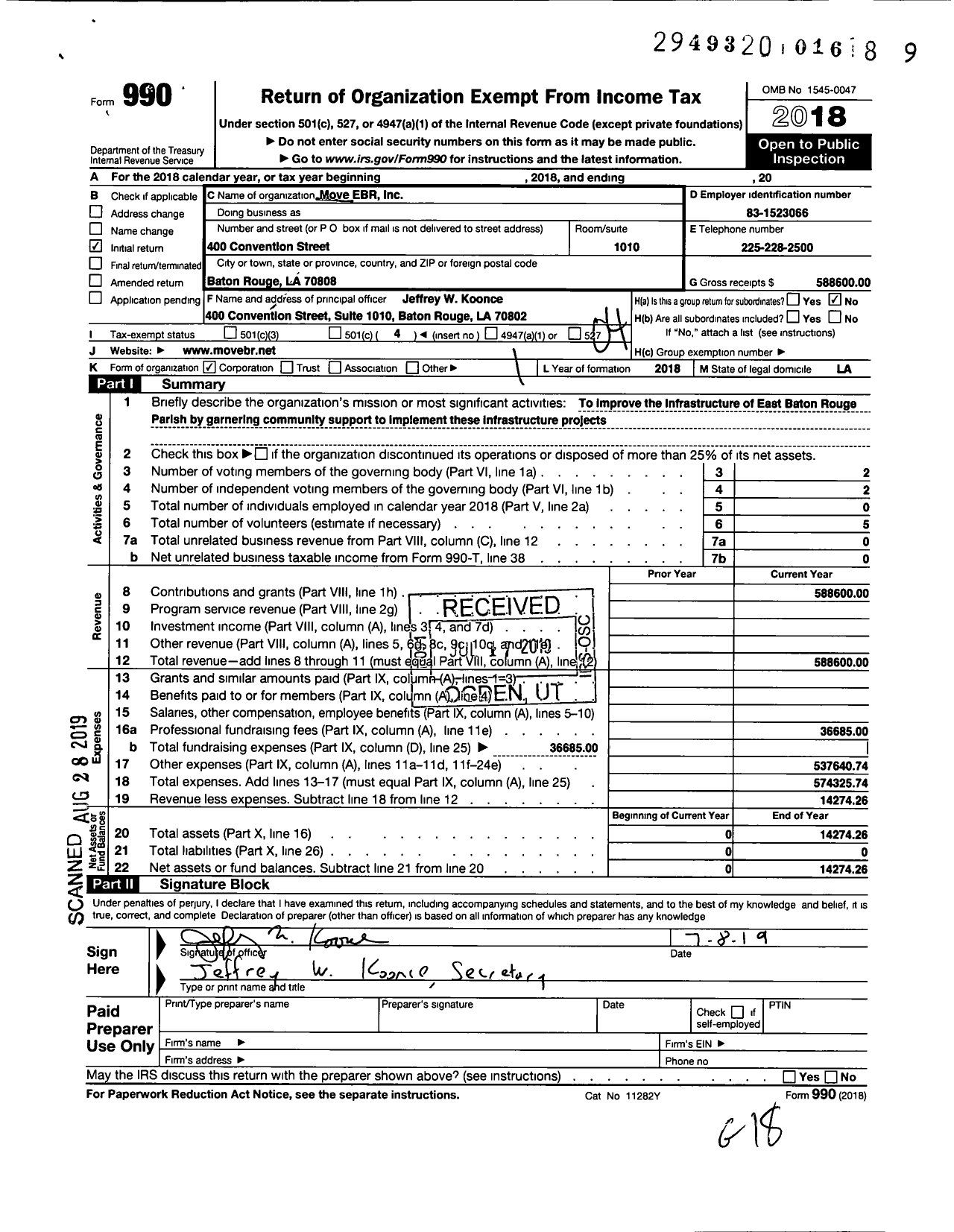 Image of first page of 2018 Form 990O for Move Ebr