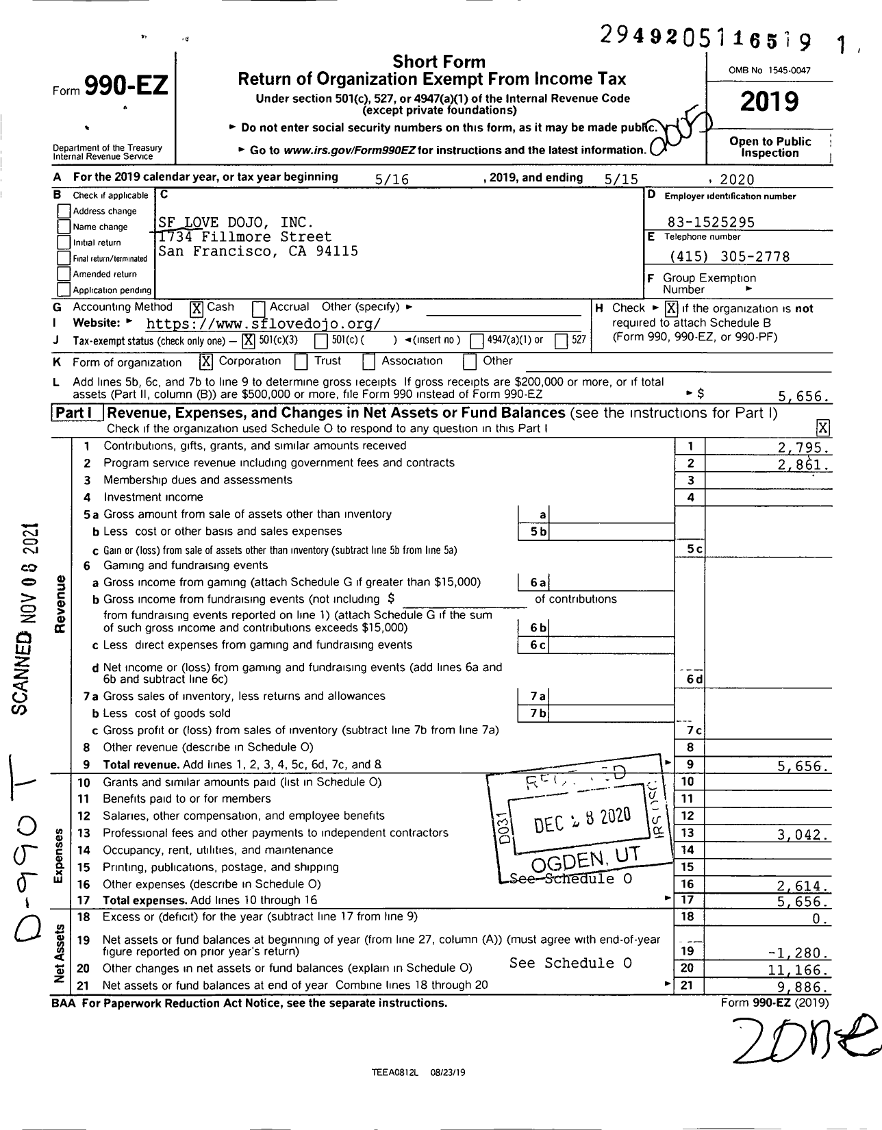 Image of first page of 2019 Form 990EZ for SF Love Dojo