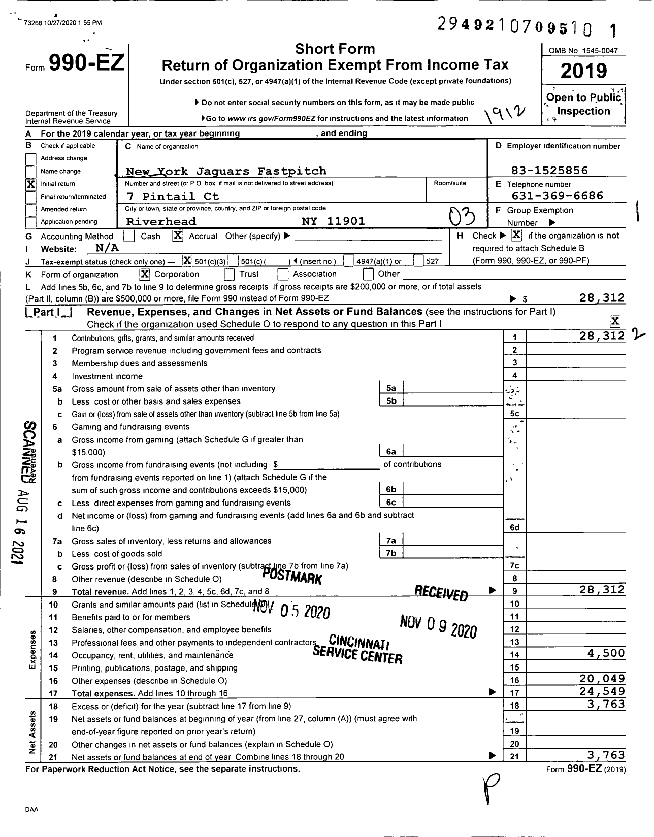 Image of first page of 2019 Form 990EZ for New York Jaguars Fastpitch