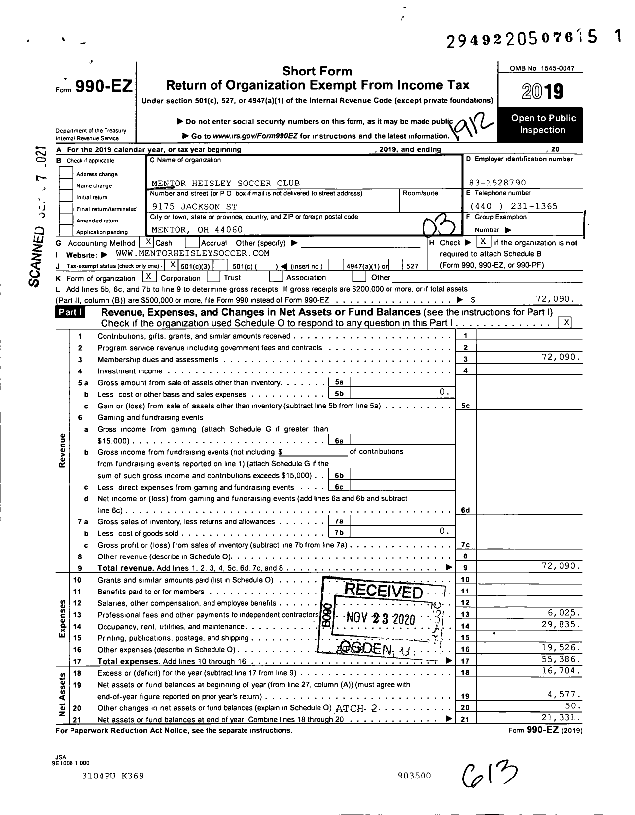 Image of first page of 2019 Form 990EZ for Mentor Heisley Soccer Club Cardinal Soccer Club