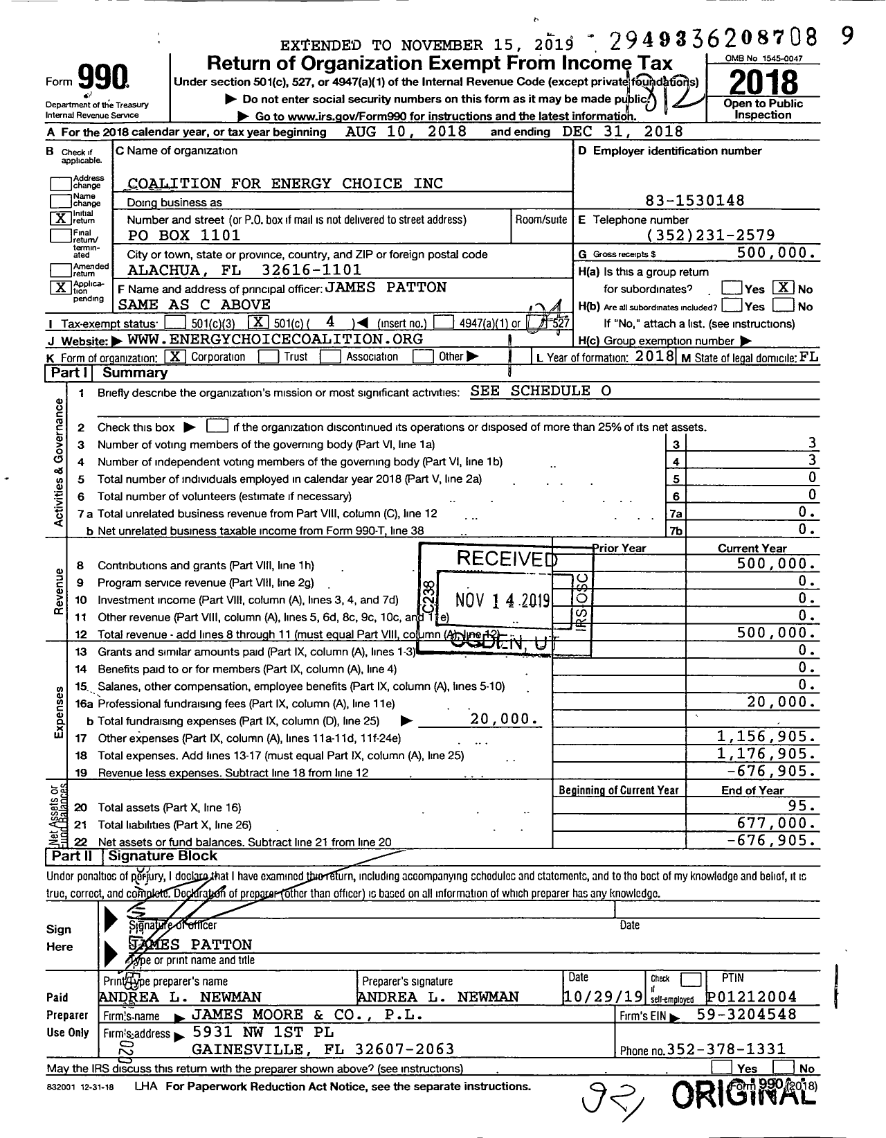 Image of first page of 2018 Form 990O for Coalition for Energy Choice