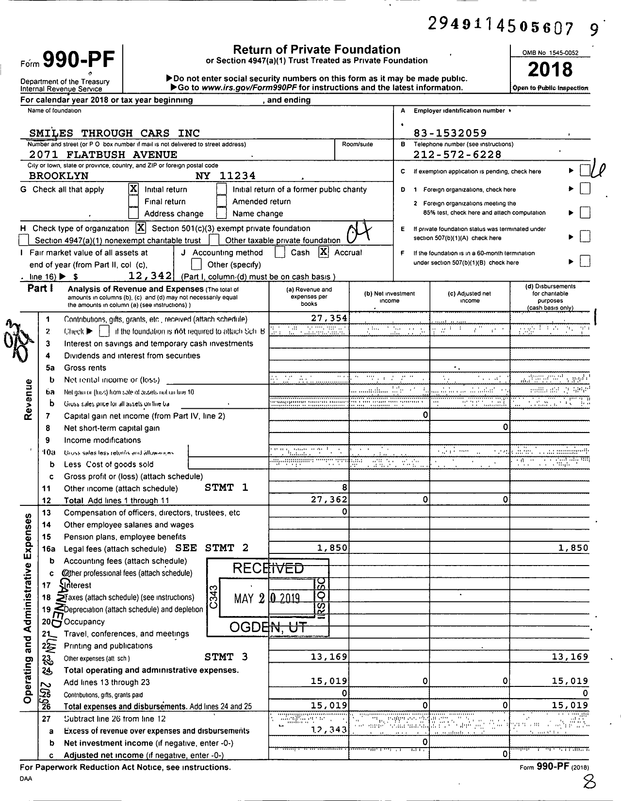 Image of first page of 2018 Form 990PF for Smiles Through Cars