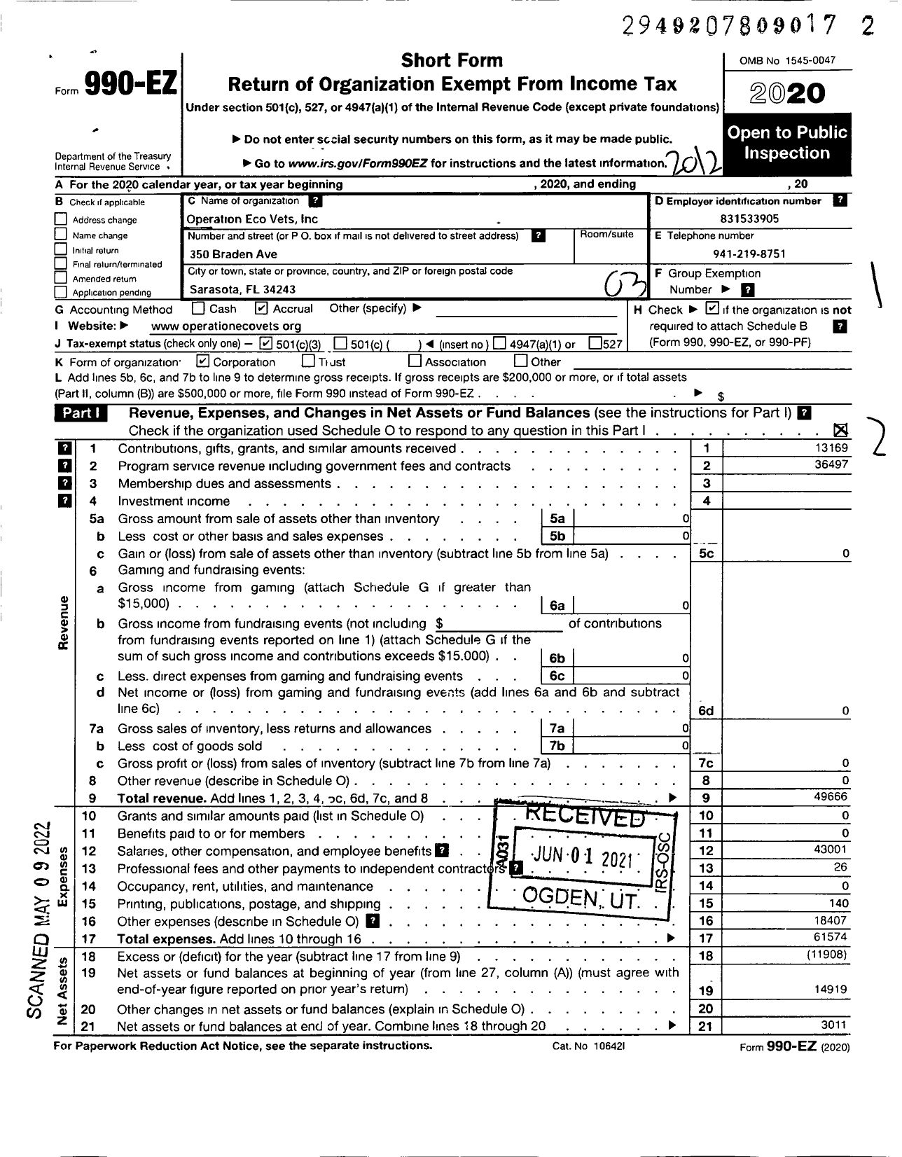Image of first page of 2020 Form 990EZ for Operation Eco Vets