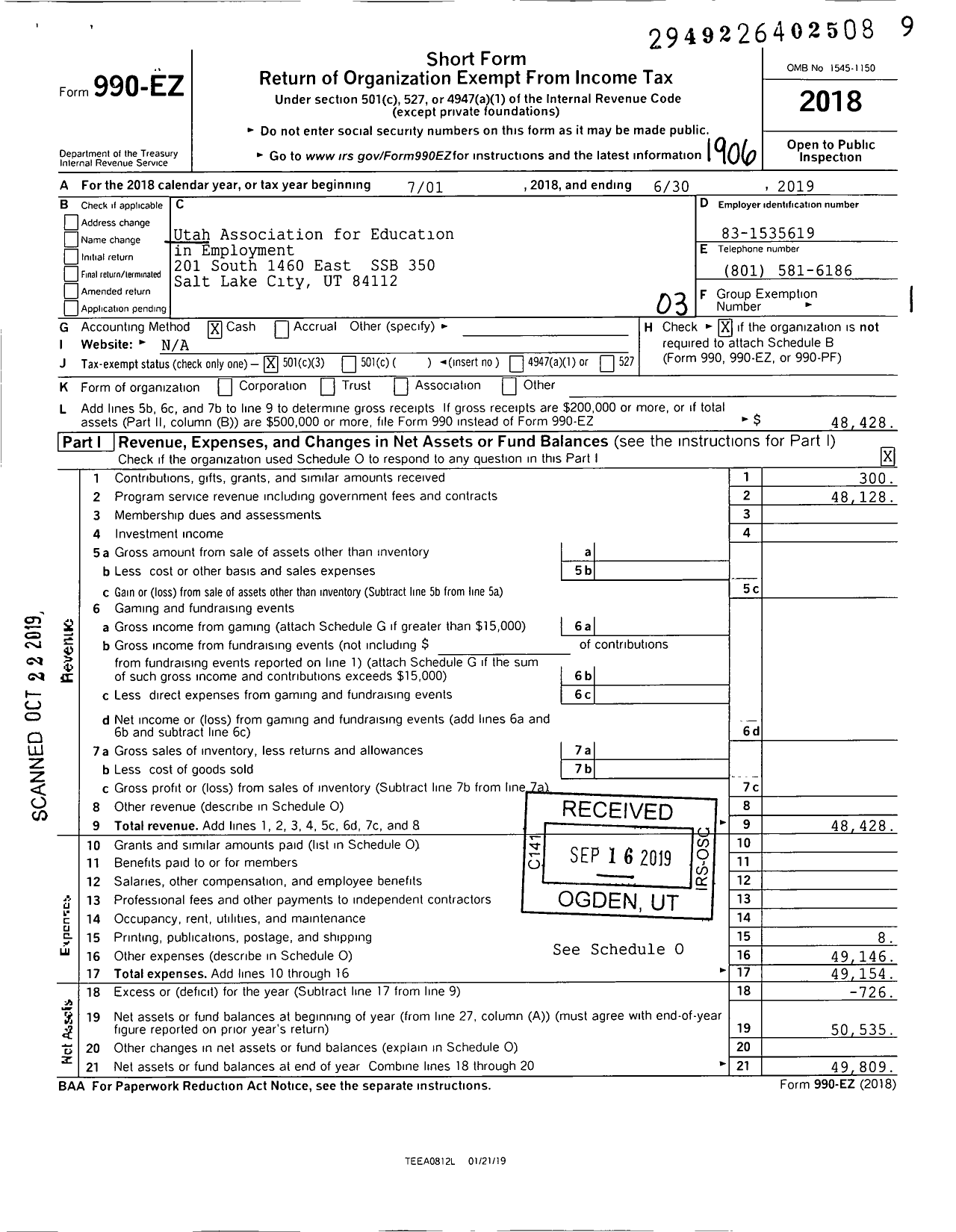 Image of first page of 2018 Form 990EZ for Utah Association for Education in Employment