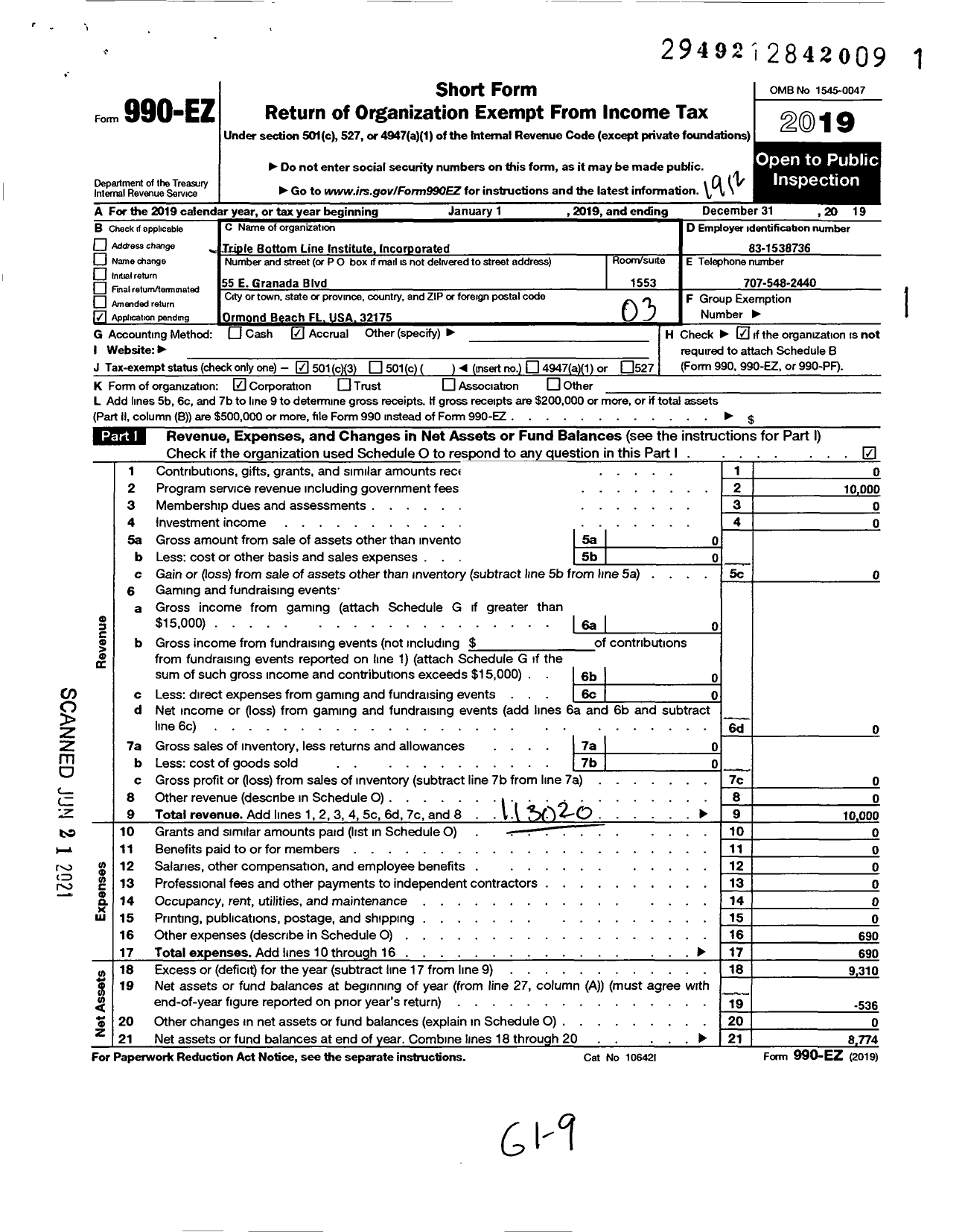 Image of first page of 2019 Form 990EZ for Triple Bottom Line Institute Incorporated