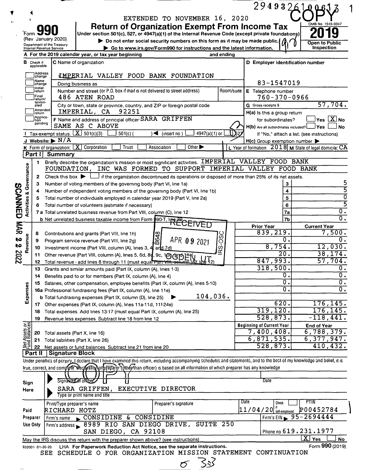 Image of first page of 2019 Form 990 for Imperial Valley Food Bank Foundation