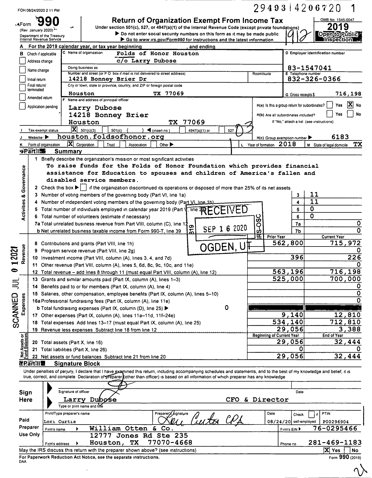 Image of first page of 2019 Form 990 for Folds of Honor Houston