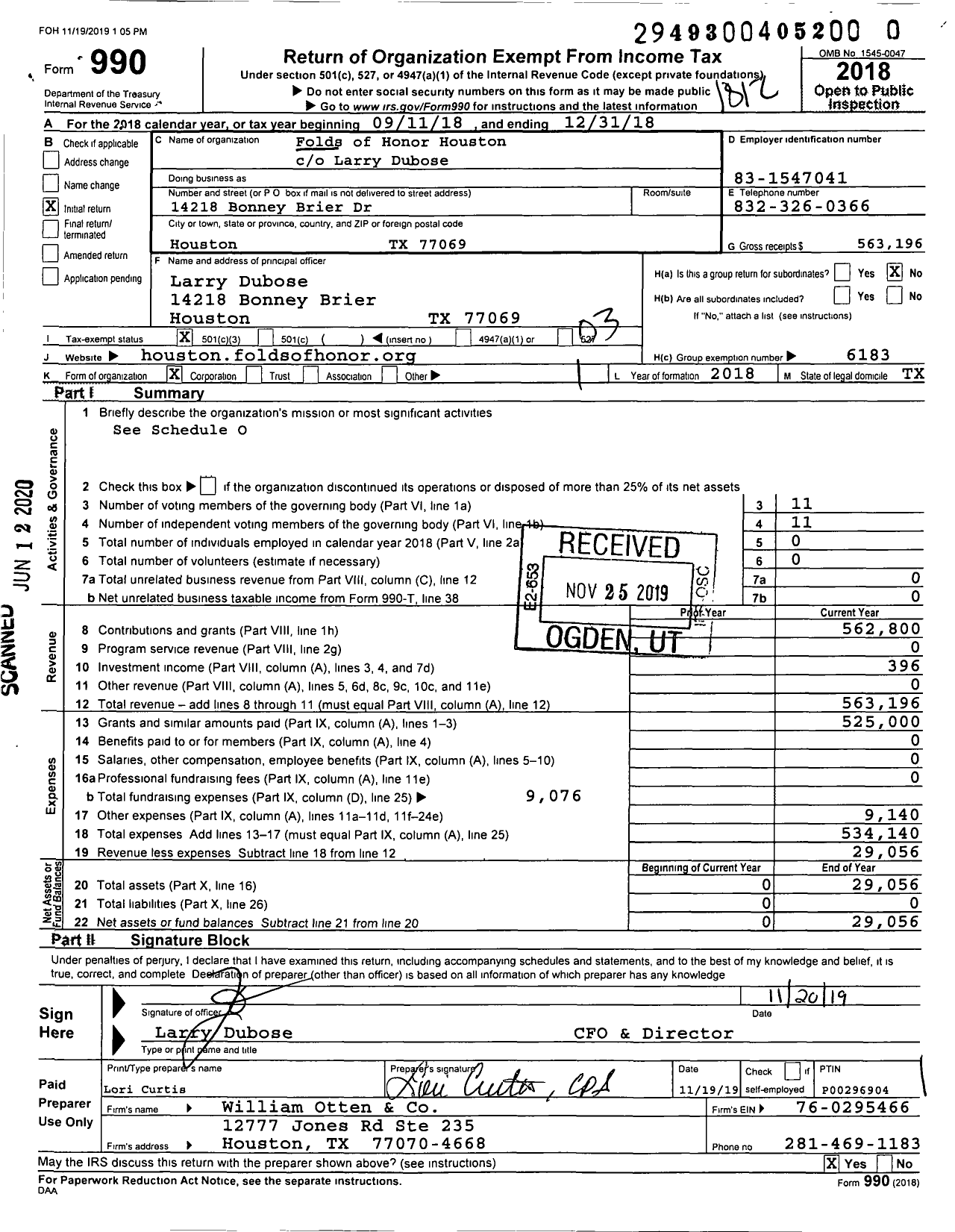 Image of first page of 2018 Form 990 for Folds of Honor Houston