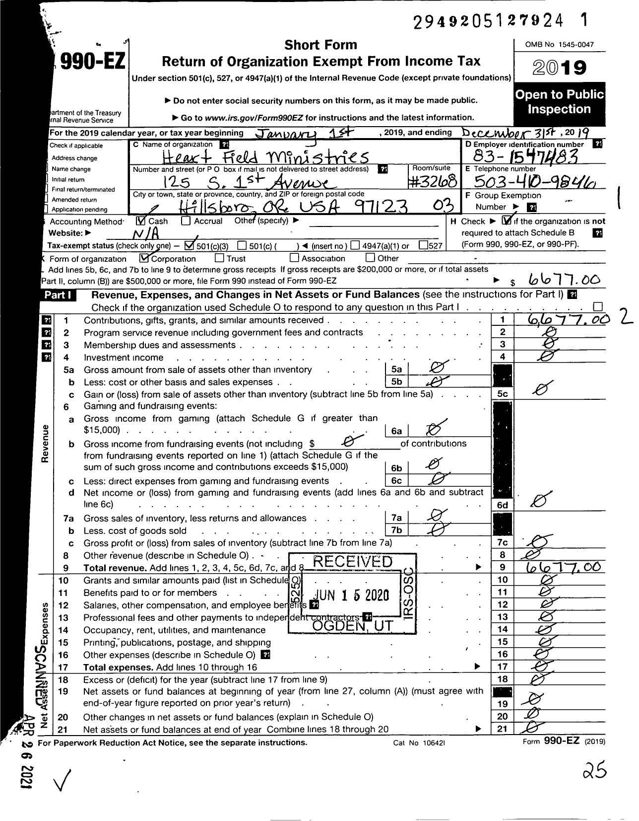 Image of first page of 2019 Form 990EZ for Heart Field Ministries