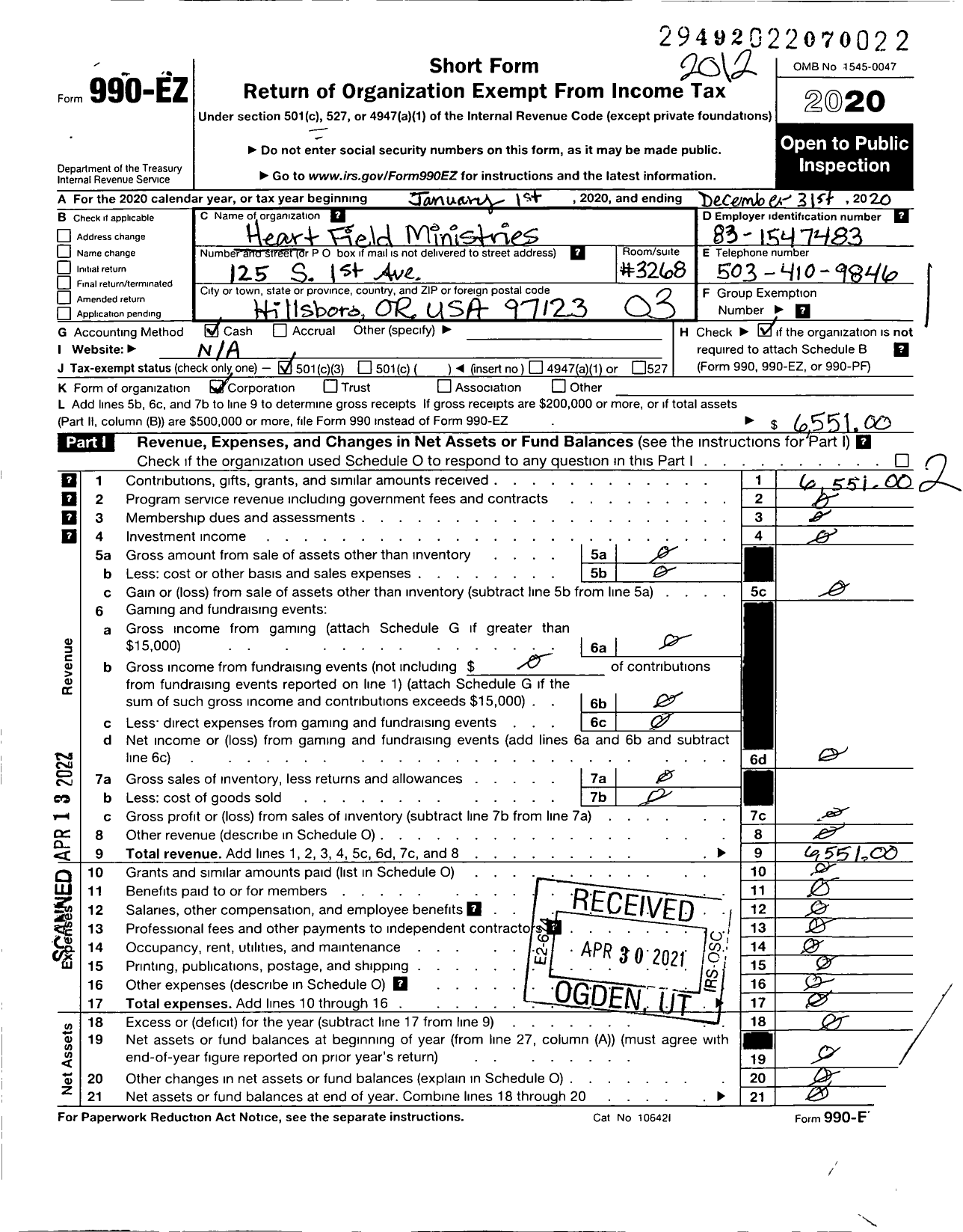 Image of first page of 2020 Form 990EZ for Heart Field Ministries