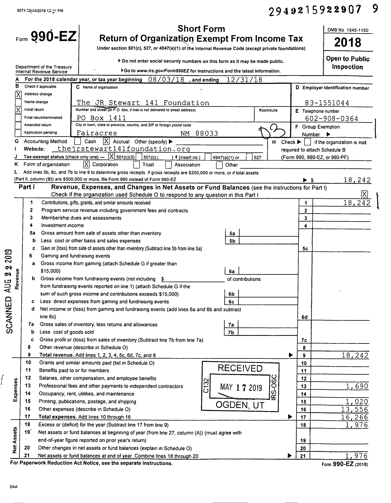 Image of first page of 2018 Form 990EZ for The JR Stewart 141 Foundation