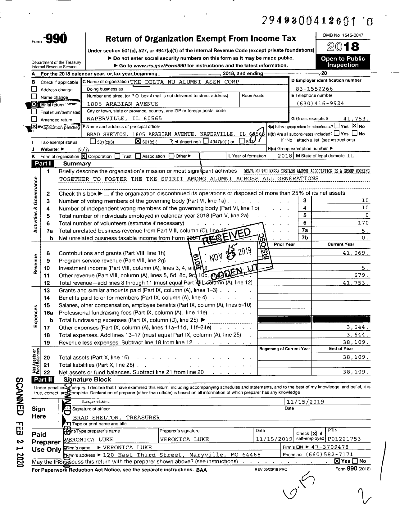 Image of first page of 2018 Form 990O for Tke Delta Nu Alumni Association Corporation