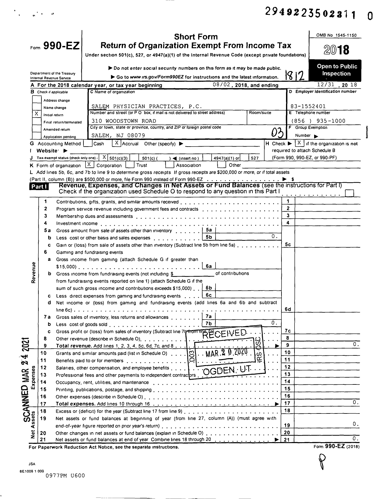 Image of first page of 2018 Form 990EZ for Salem Physician Practices PC