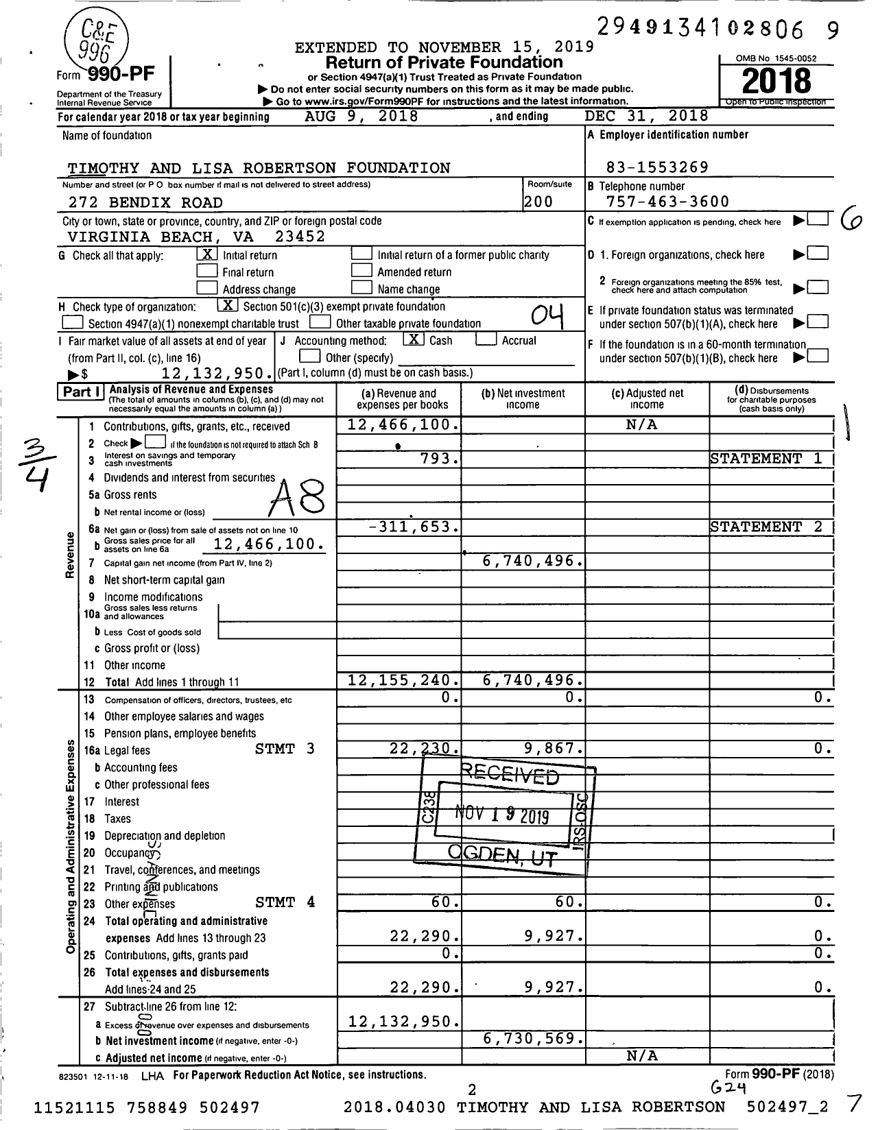 Image of first page of 2018 Form 990PF for Timothy and Lisa Robertson Foundation