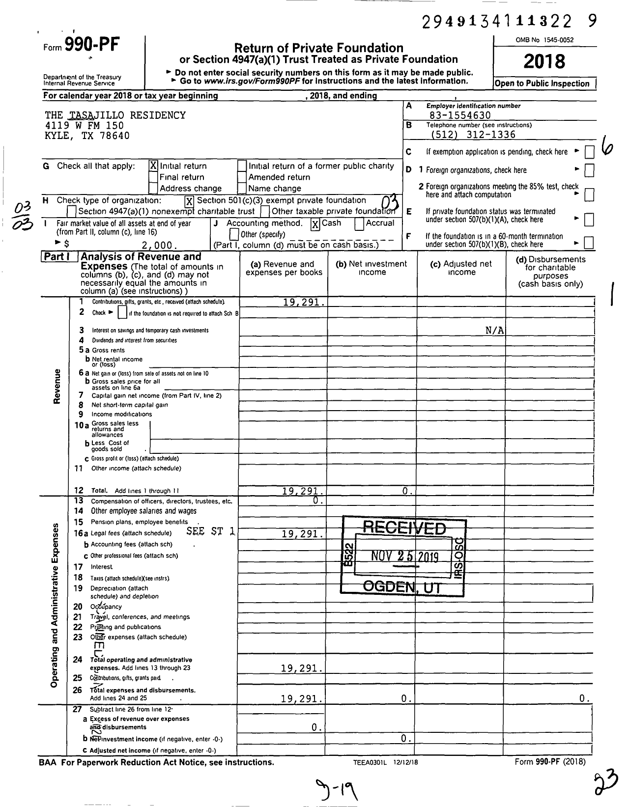 Image of first page of 2018 Form 990PF for The Tasajillo Residency