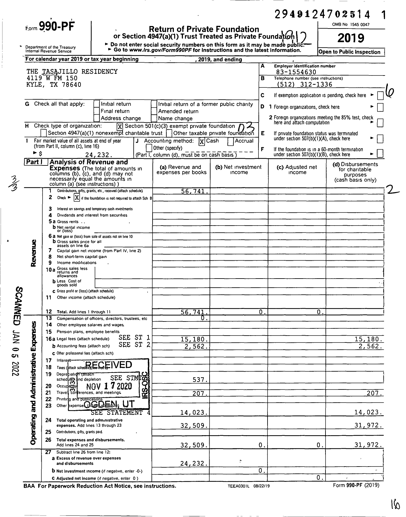 Image of first page of 2019 Form 990PF for The Tasajillo Residency