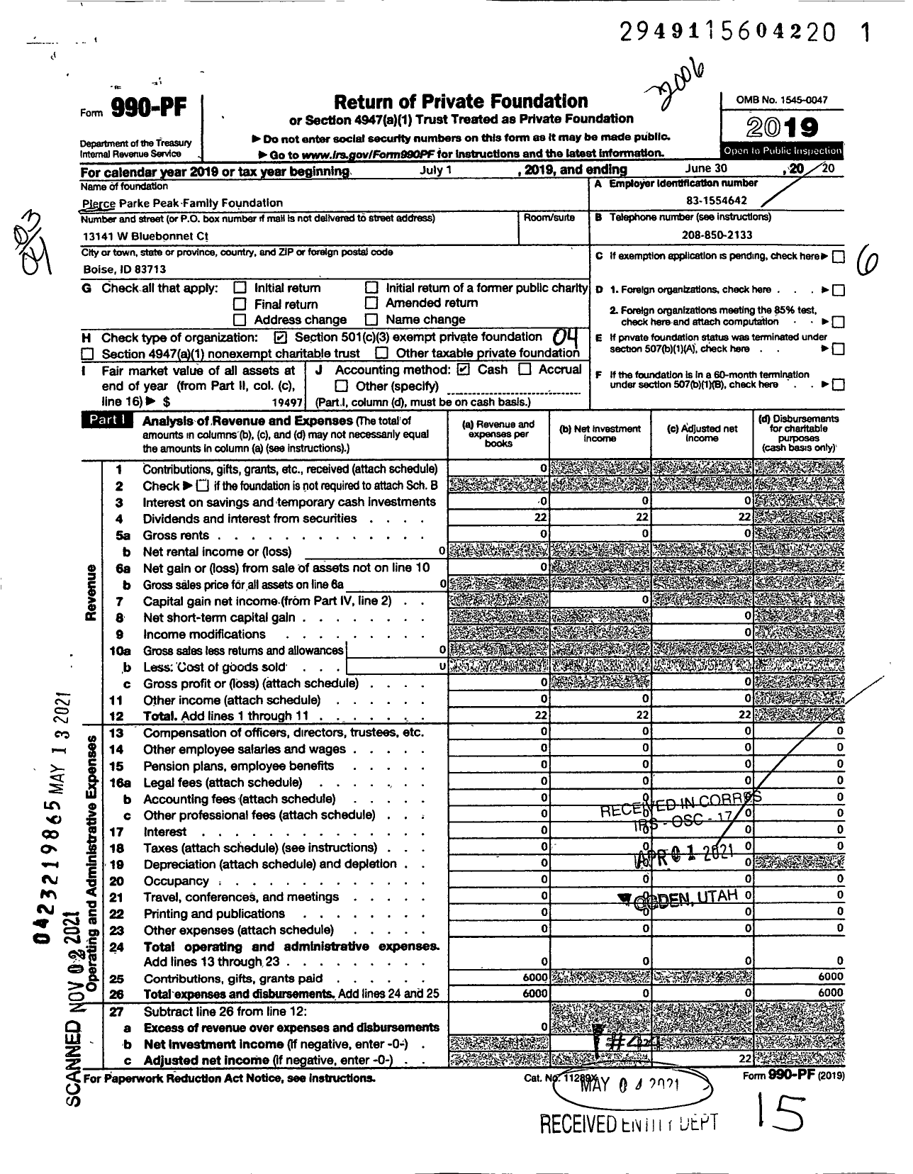 Image of first page of 2019 Form 990PF for Pierce Parke Peak Family Foundation