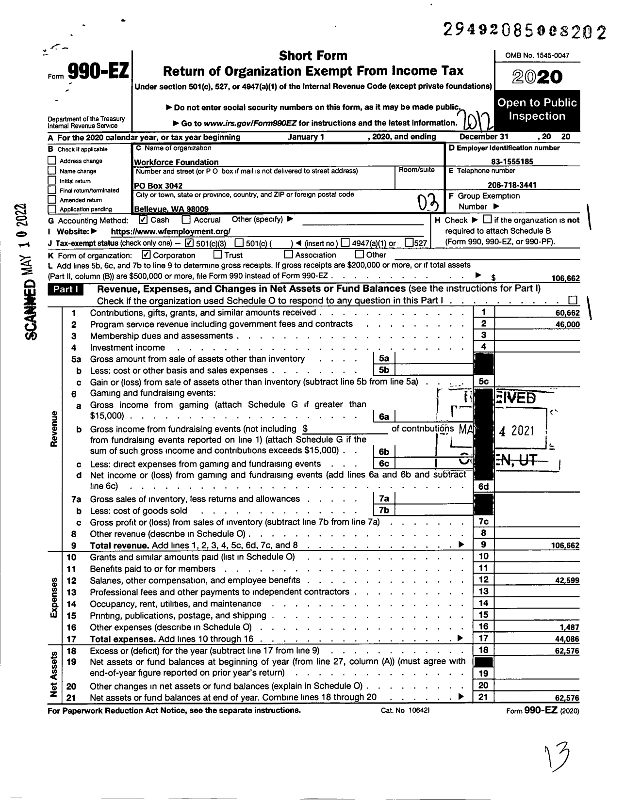 Image of first page of 2020 Form 990EZ for Workforce Foundation