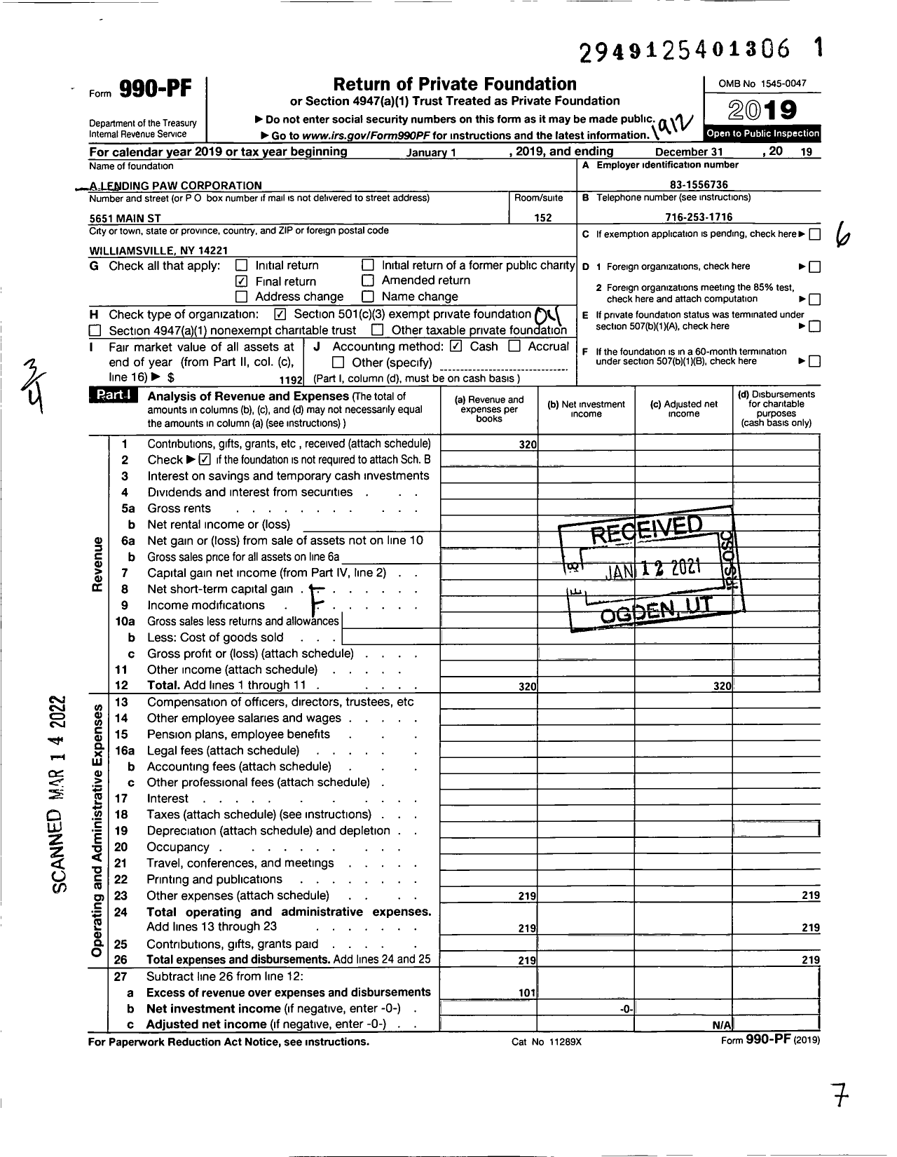 Image of first page of 2019 Form 990PF for A Lending Paw Corporation