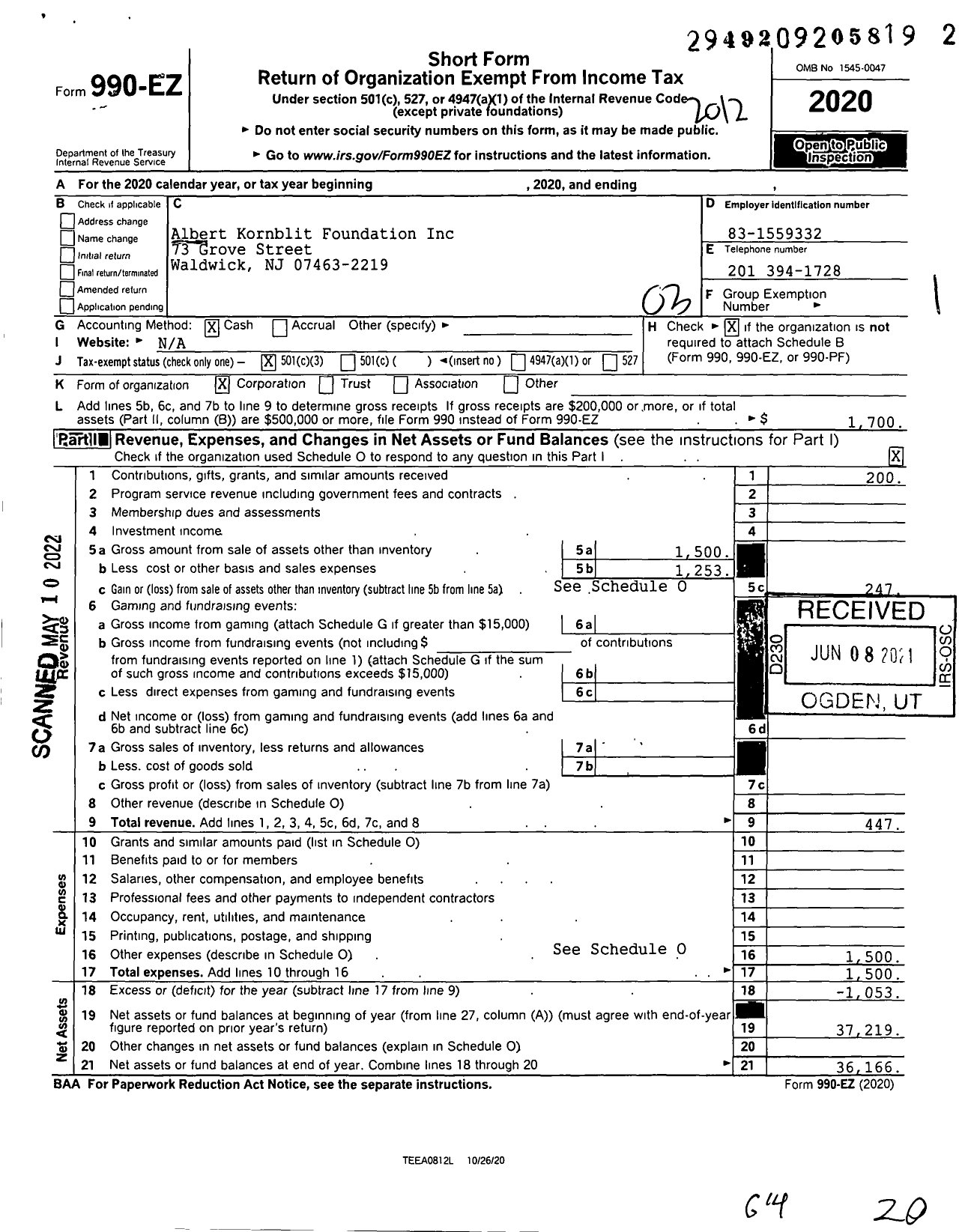 Image of first page of 2020 Form 990EZ for Albert Kornblit Foundation