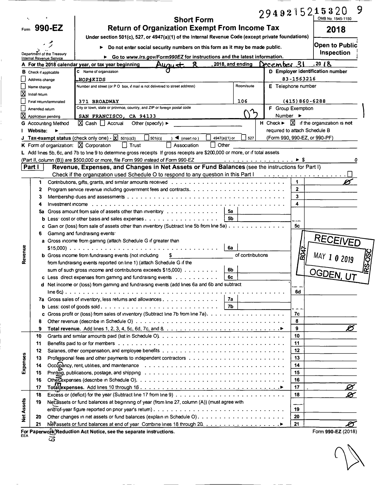 Image of first page of 2018 Form 990EZ for Hop4kids