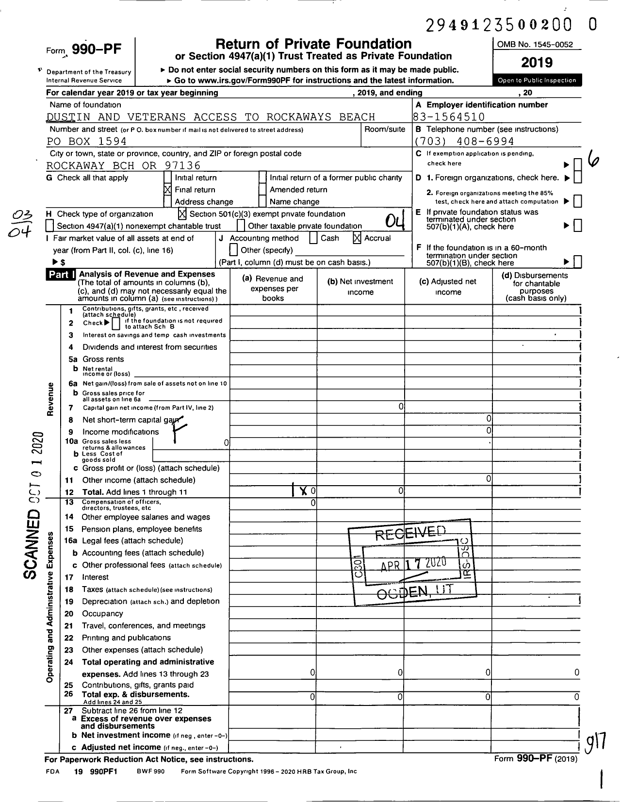 Image of first page of 2019 Form 990PR for Dustin and Veterans Access To Rockaway's Beach