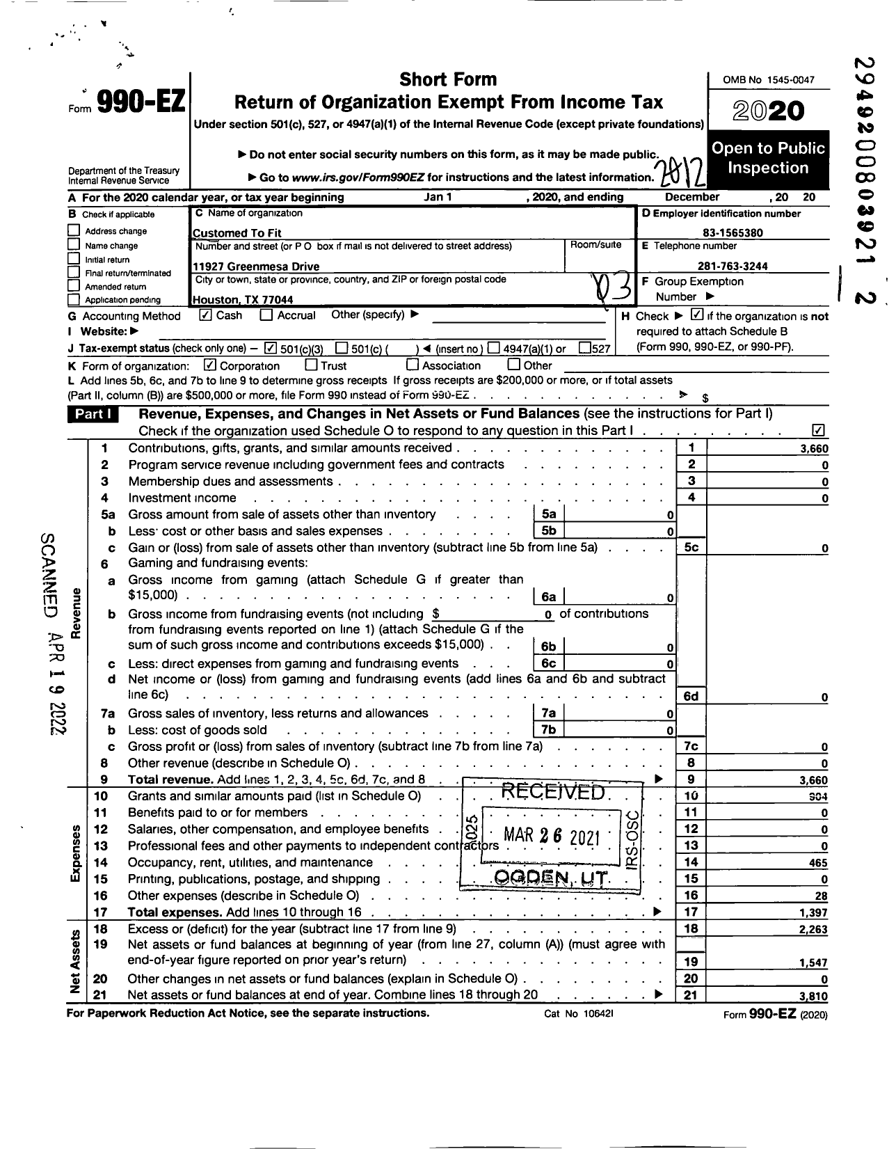 Image of first page of 2020 Form 990EZ for Customed To Fit