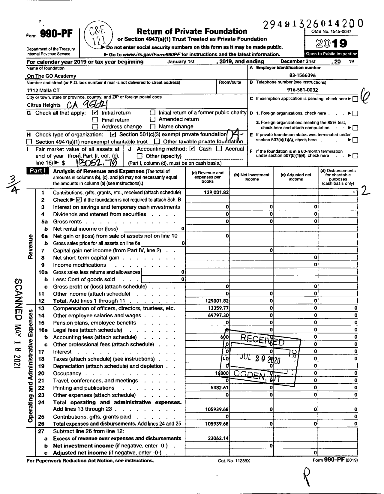 Image of first page of 2019 Form 990PF for On the Go Academy