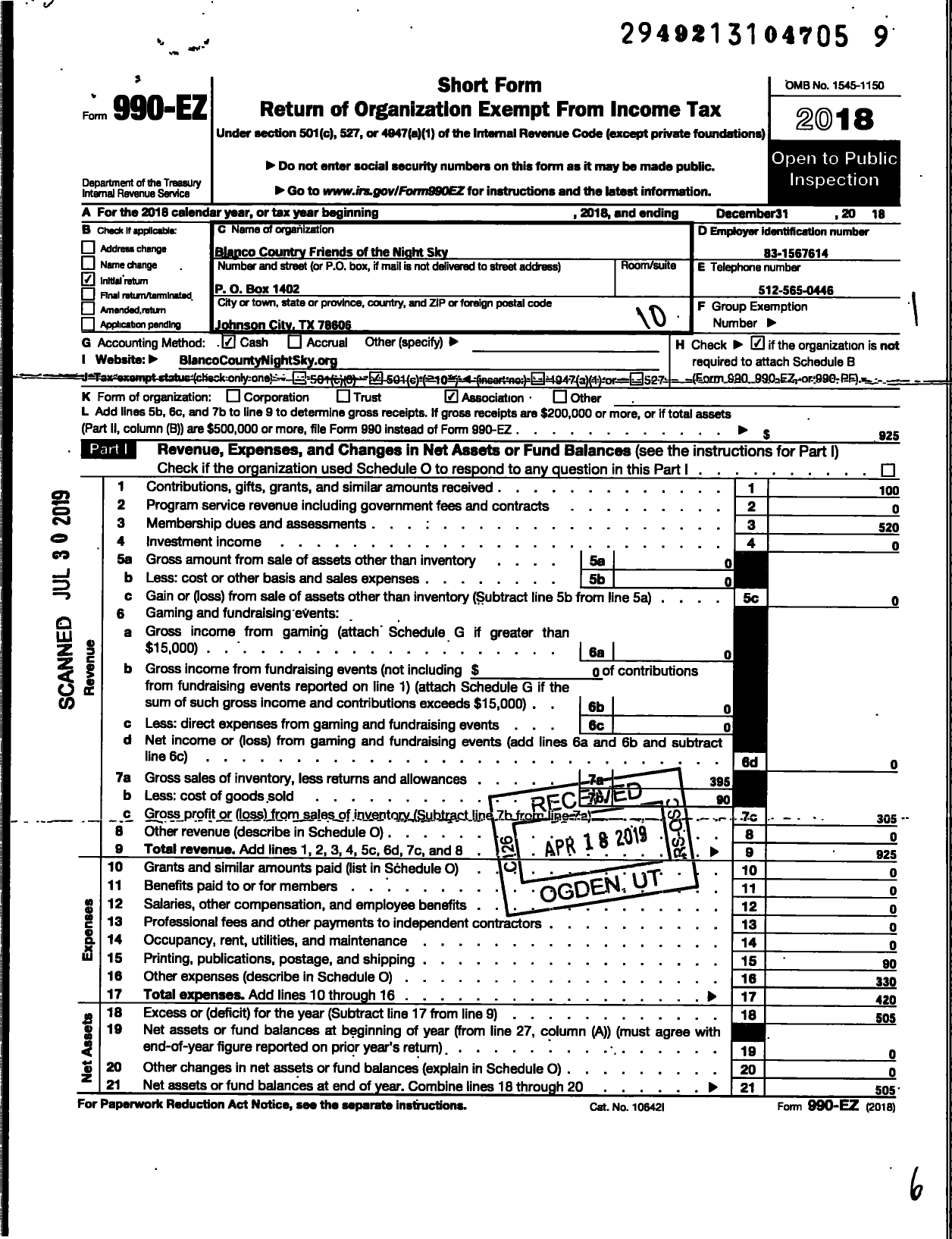 Image of first page of 2018 Form 990EO for Blanco County Friends of the Night Sky