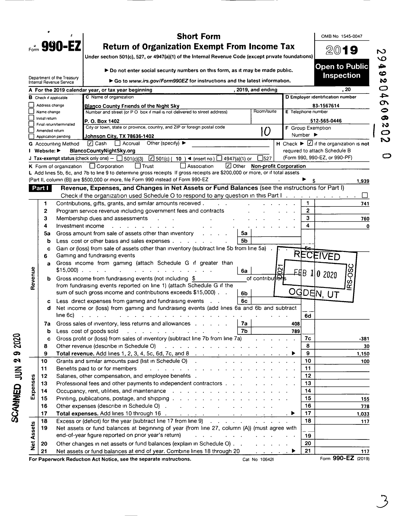 Image of first page of 2019 Form 990EO for Blanco County Friends of the Night Sky