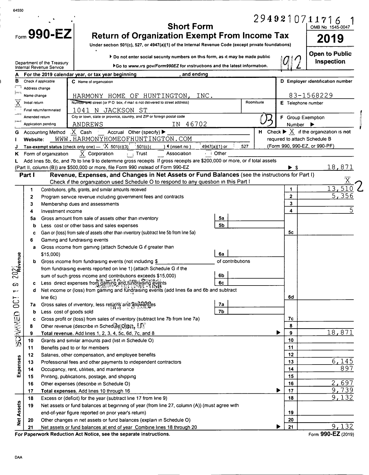 Image of first page of 2019 Form 990EZ for Harmony Home of Huntington