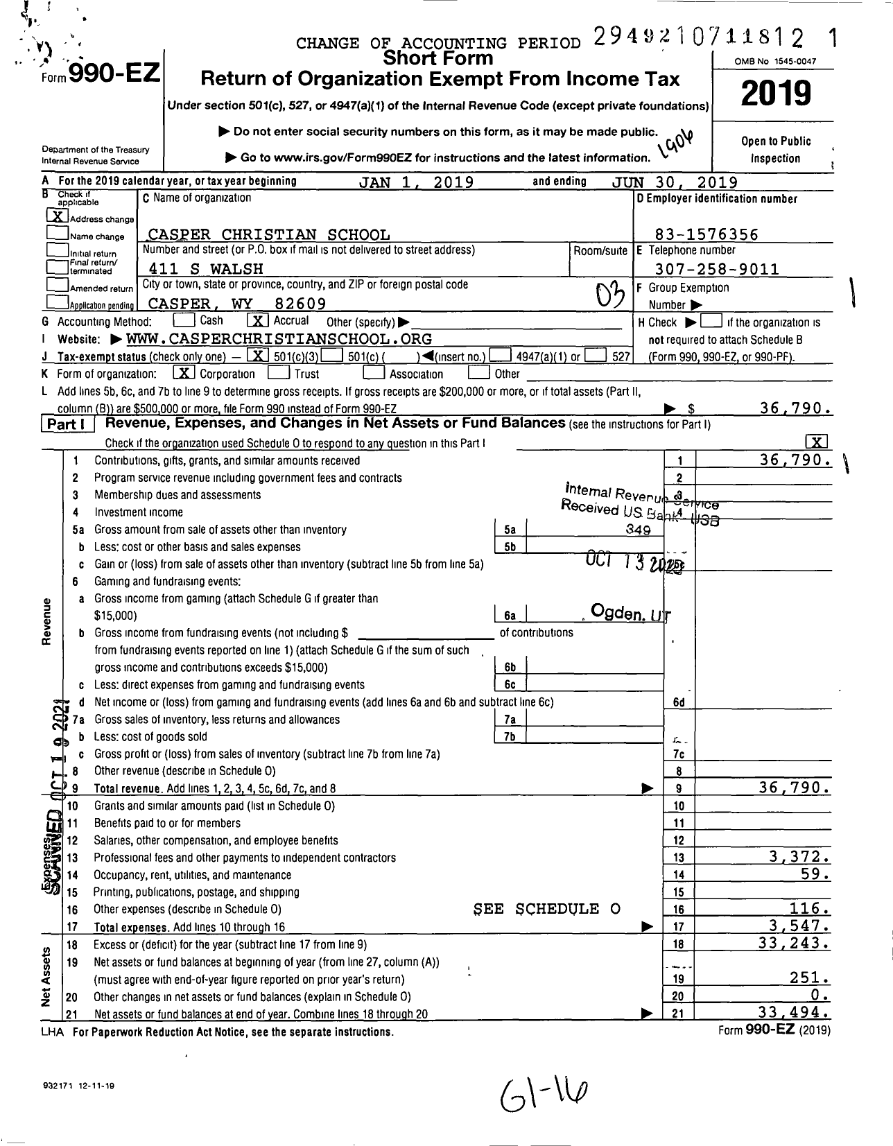 Image of first page of 2018 Form 990EZ for Casper Christian School