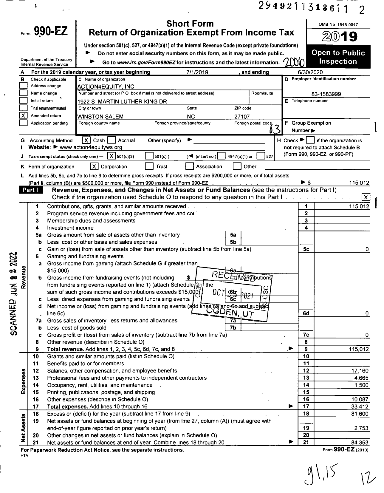 Image of first page of 2019 Form 990EZ for Action4Equity