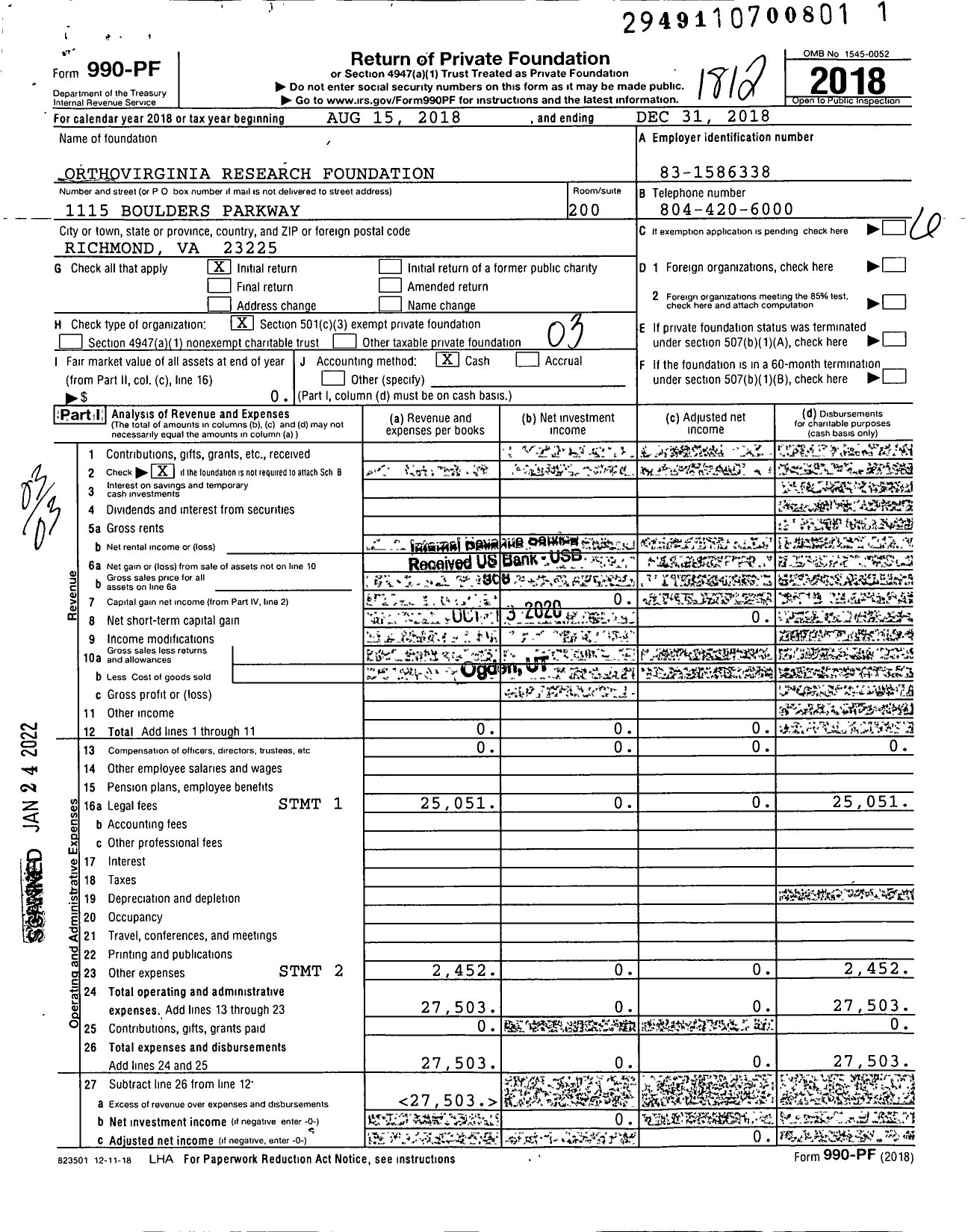 Image of first page of 2018 Form 990PF for Orthovirginia Research Foundation