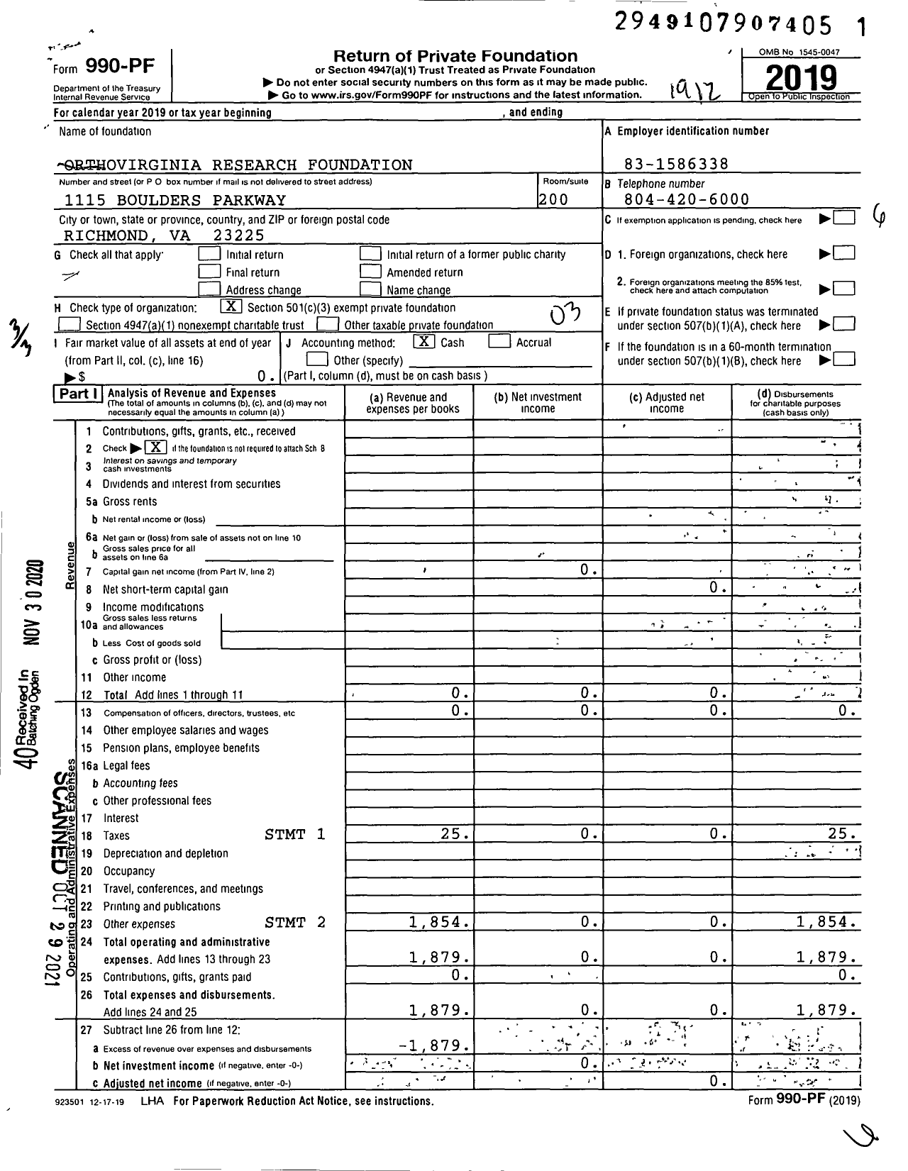 Image of first page of 2019 Form 990PF for Orthovirginia Research Foundation