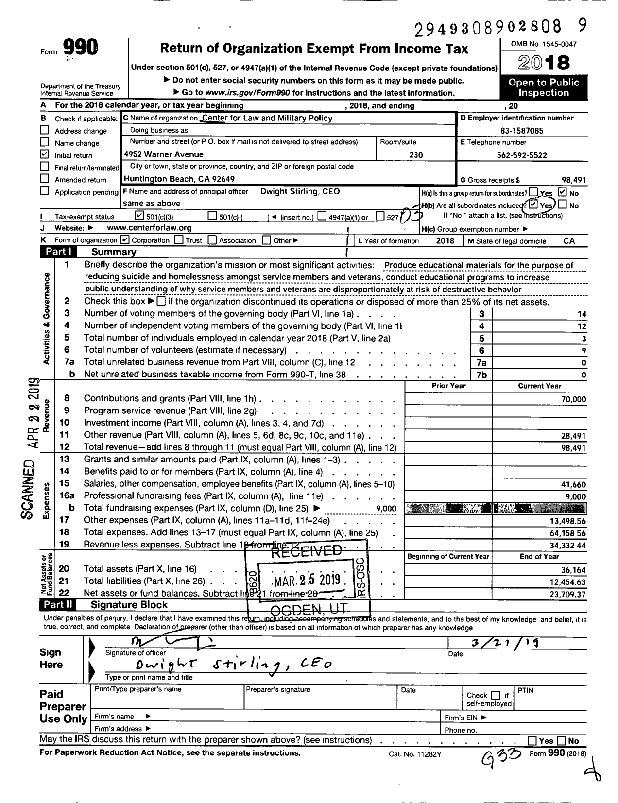 Image of first page of 2018 Form 990 for Center for Law and Military Policy