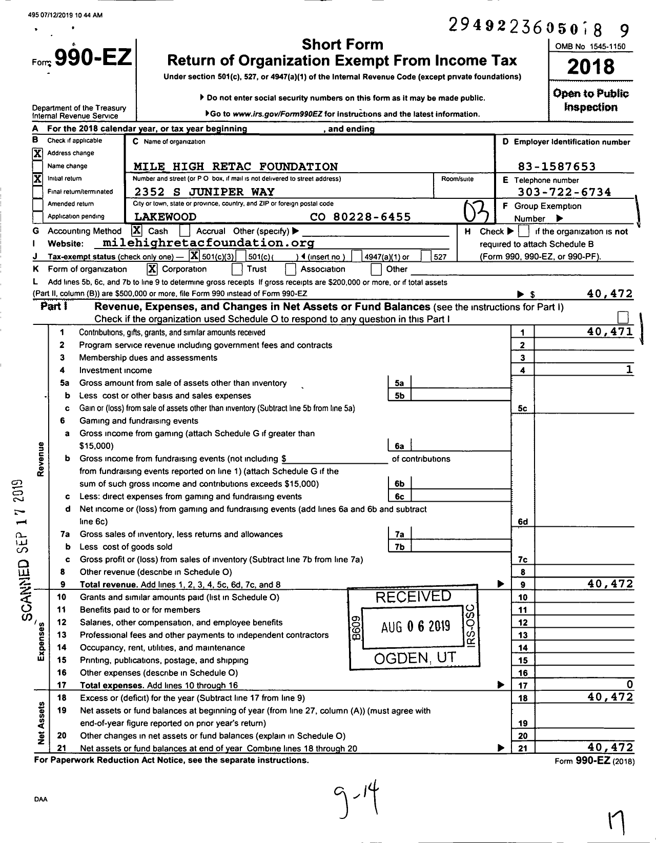 Image of first page of 2018 Form 990EZ for Mile High Retac Foundation