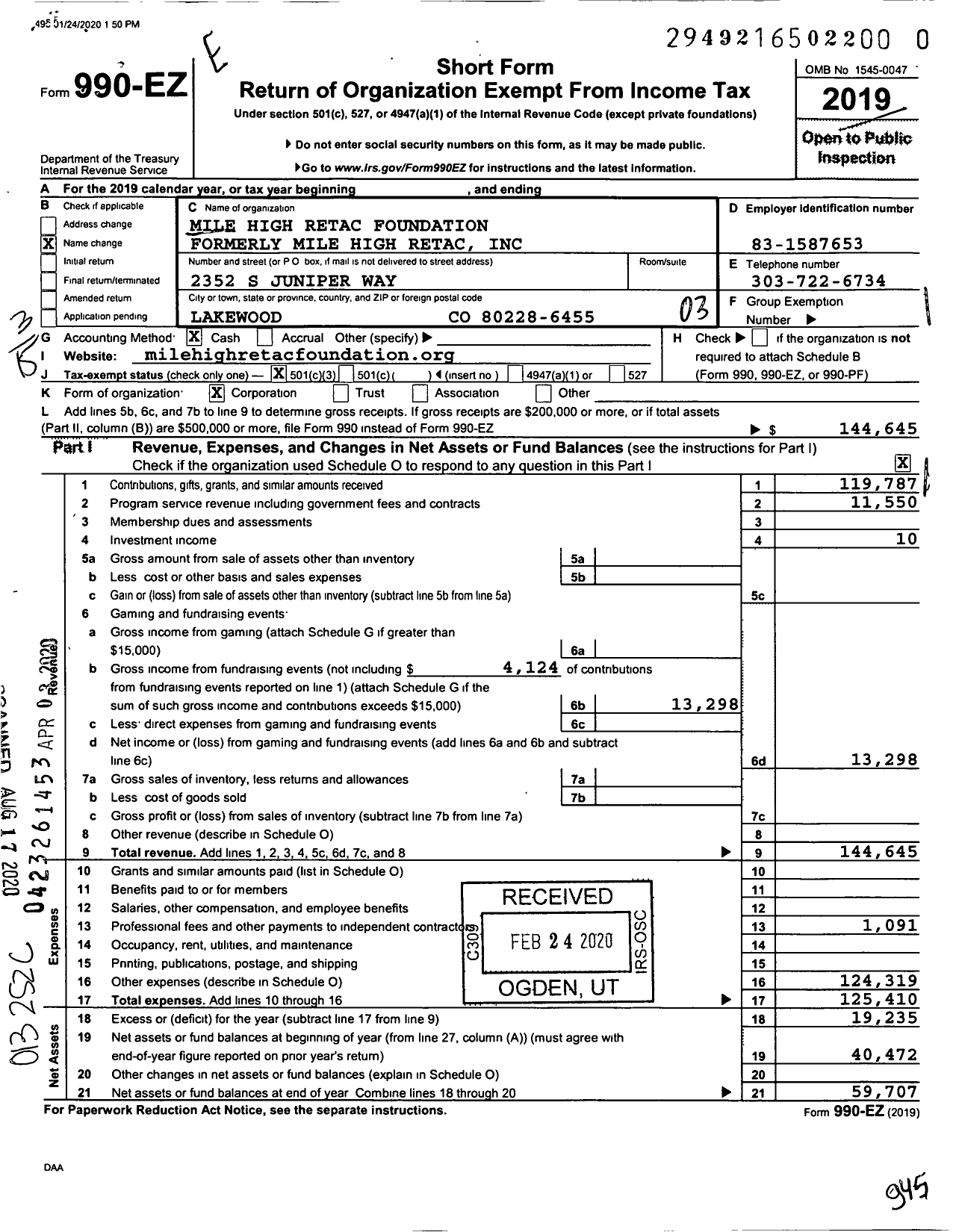 Image of first page of 2019 Form 990EZ for Mile High Retac Foundation