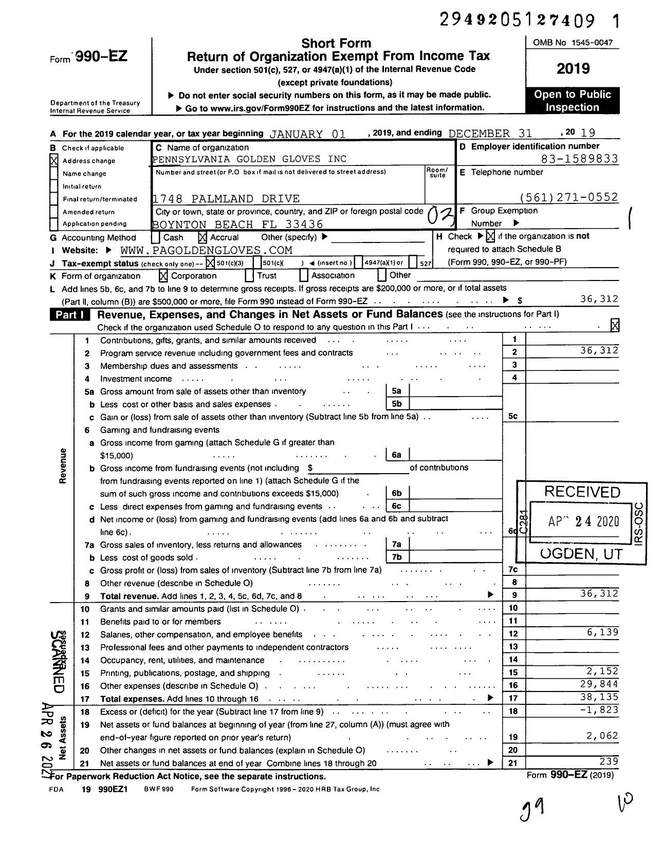 Image of first page of 2019 Form 990EZ for Pennsylvania Golden Gloves