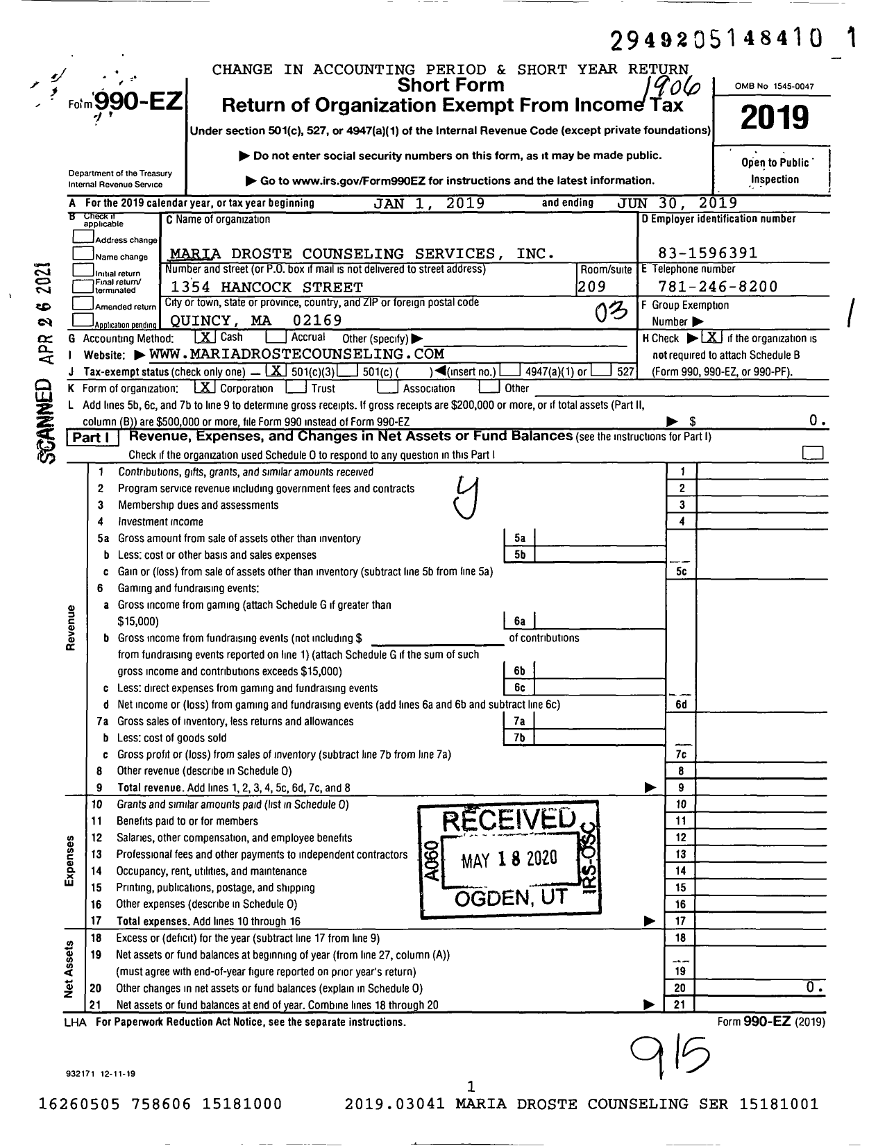 Image of first page of 2018 Form 990EZ for Maria Droste Counseling Services