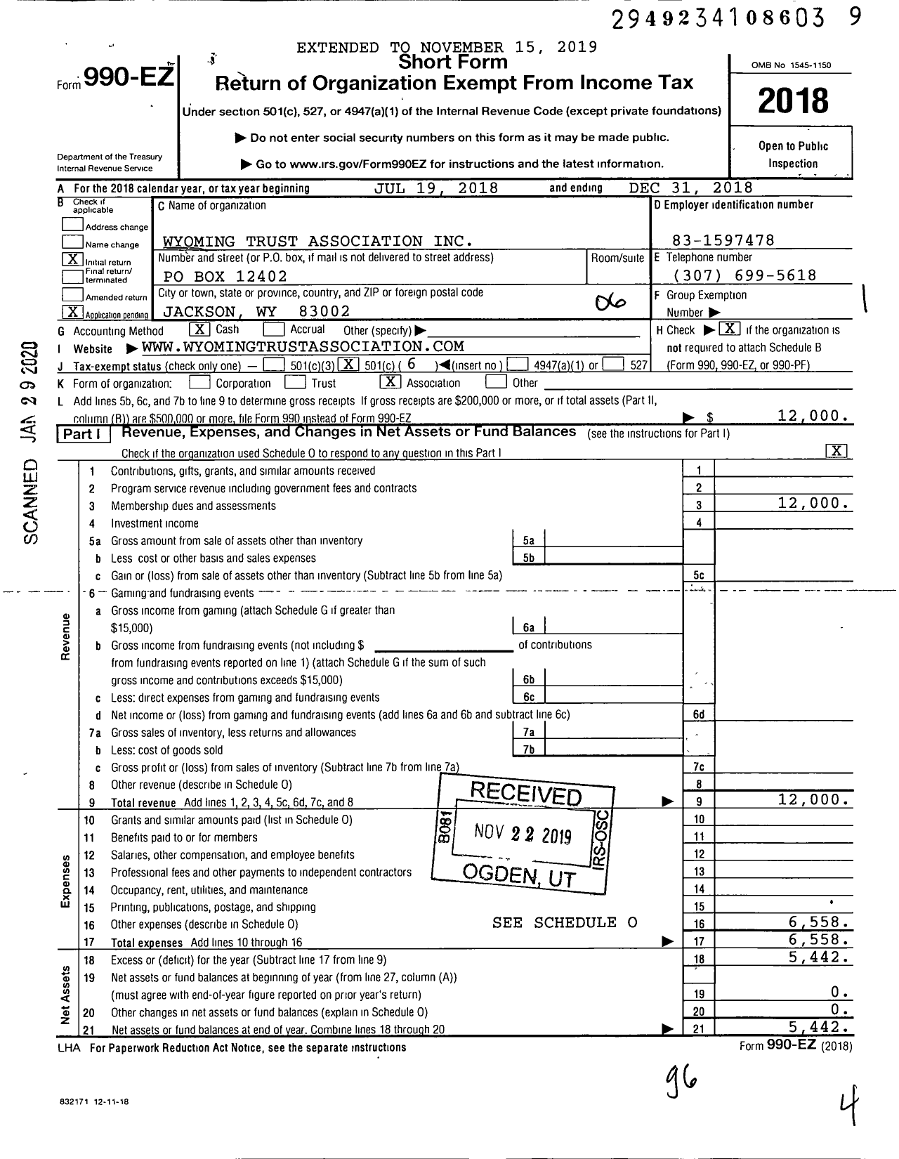 Image of first page of 2018 Form 990EO for Wyoming Trust Association