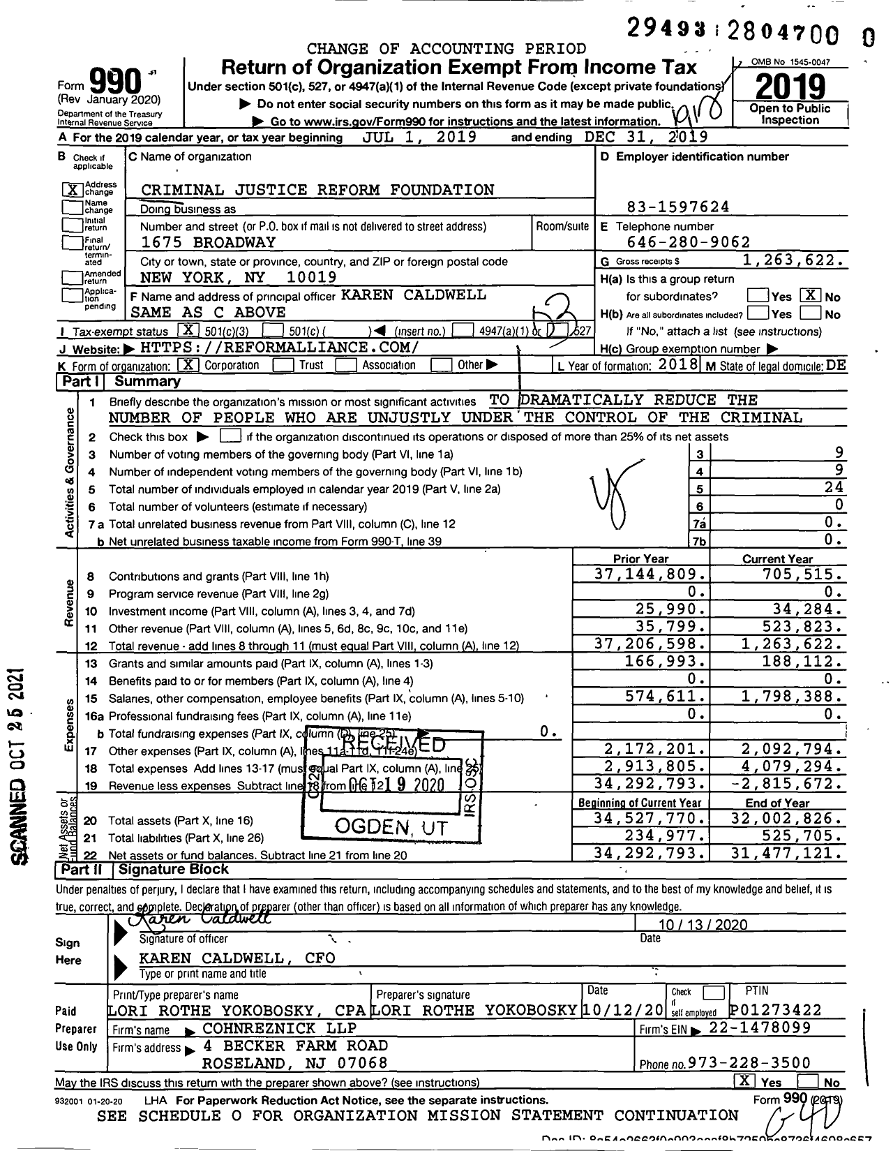Image of first page of 2019 Form 990 for Criminal Justice Reform Foundation