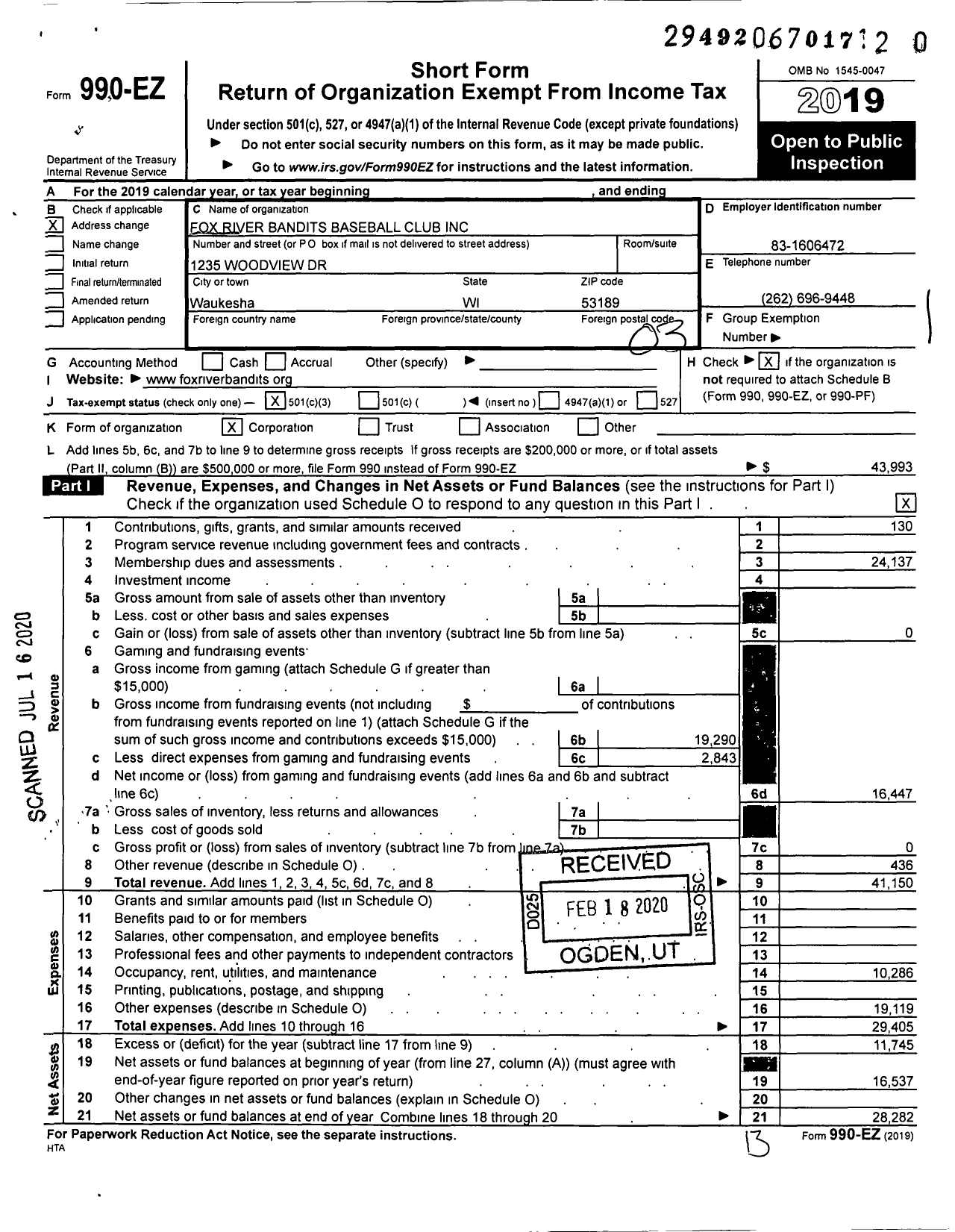 Image of first page of 2019 Form 990EZ for Fox River Bandits Baseball Club