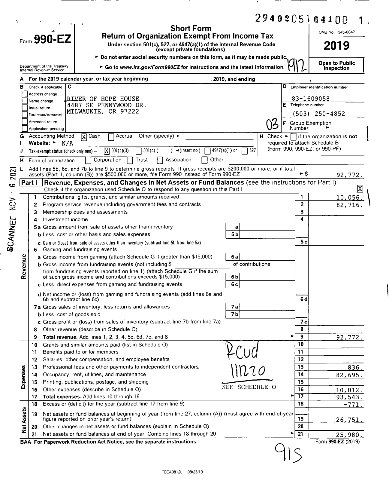 Image of first page of 2019 Form 990EZ for River of Hope House