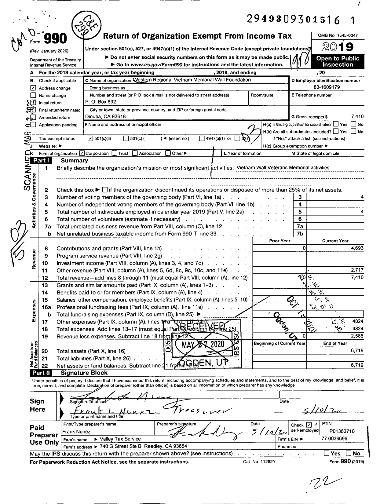 Image of first page of 2019 Form 990 for Western Regional Vietnam Memorial Wall