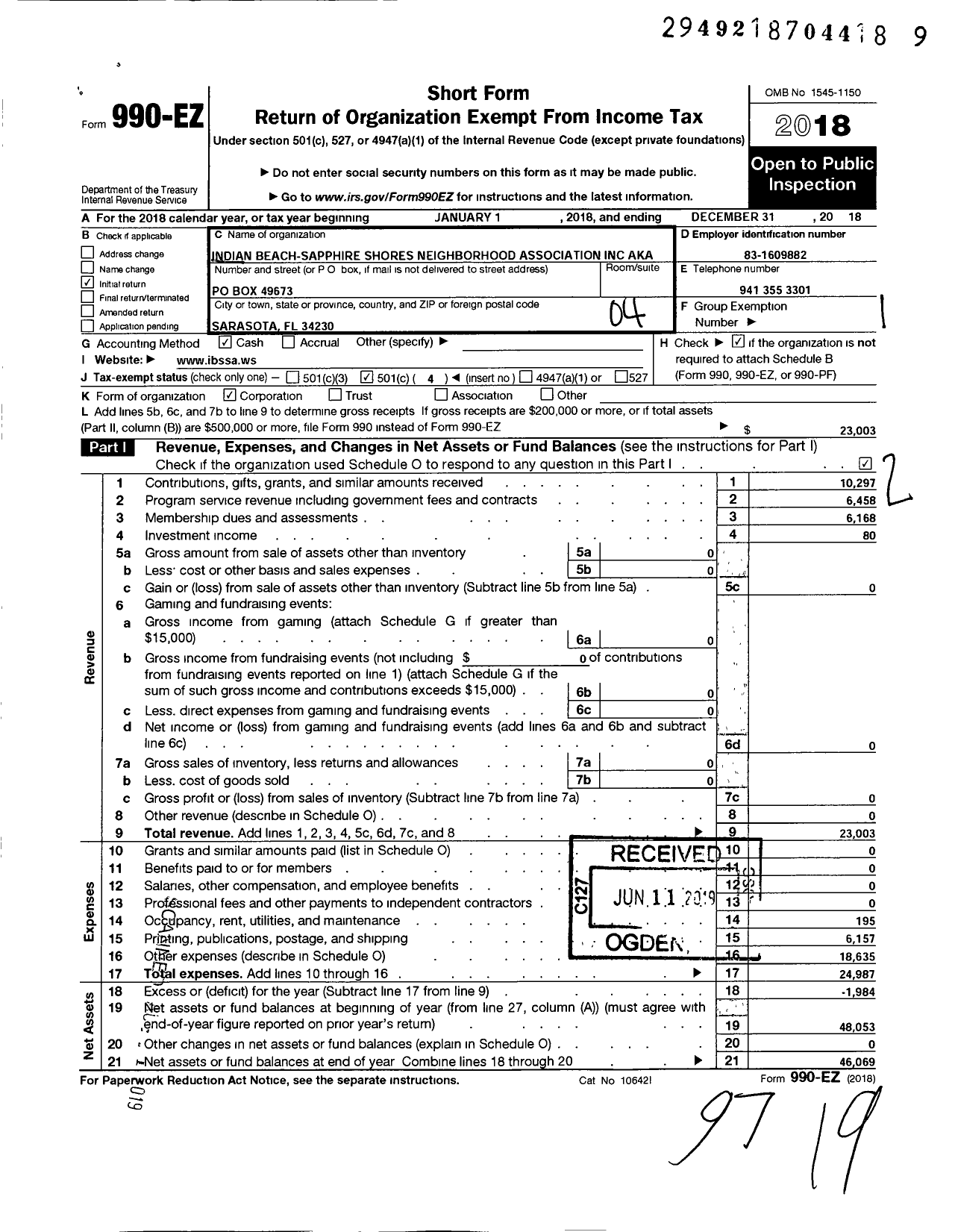 Image of first page of 2018 Form 990EO for Indian Beach-Sapphire Shores Neighborhood Association